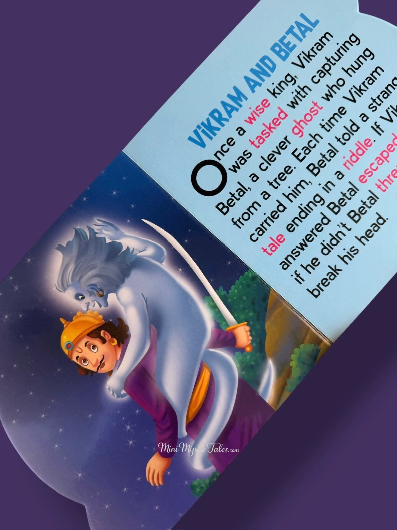 Inside page of Vikram and Betal Stories board book introducing King Vikram and Betal with colourful illustrations and highlighted keywords