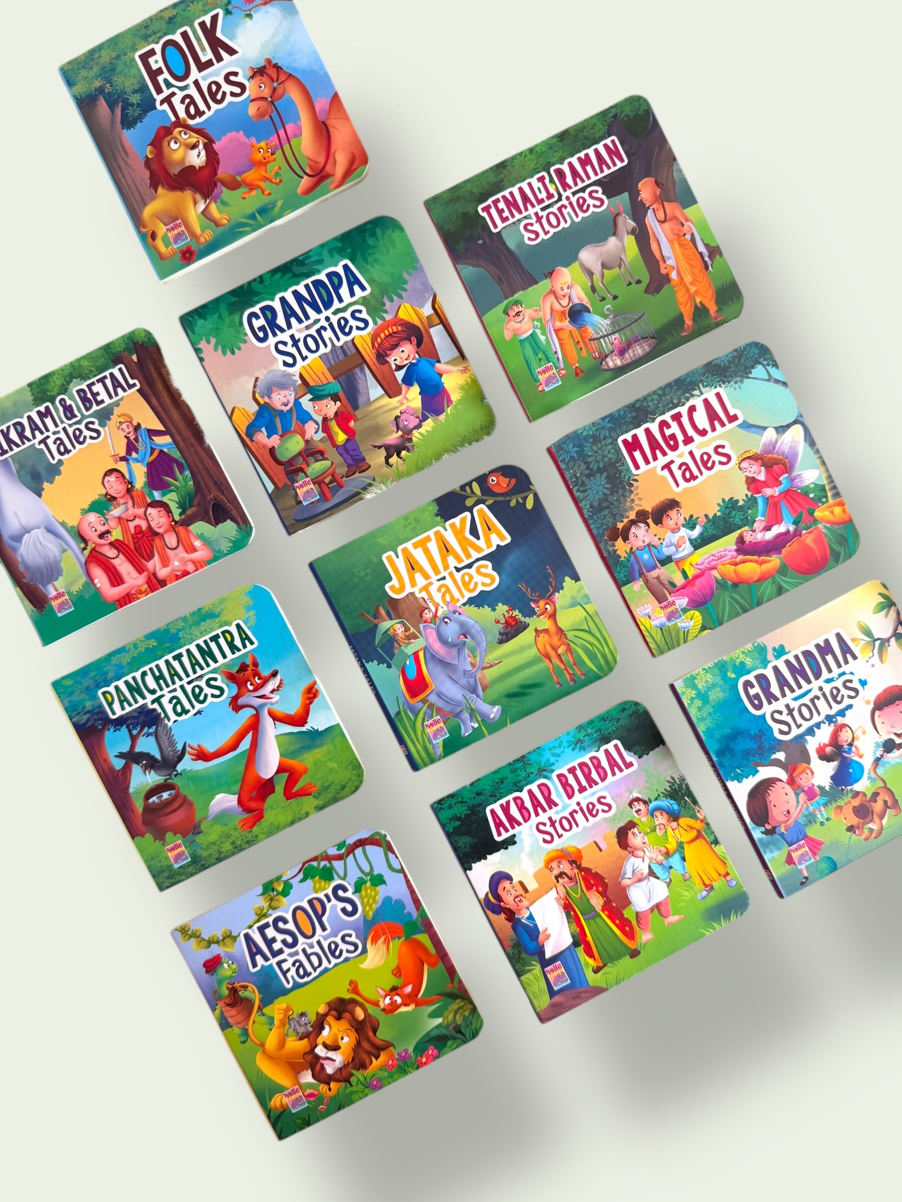 Angled display of classic children’s story books featuring Jataka Tales, Panchatantra Tales, Vikram Betal Tales and Aesop’s Fables - Mini Mystic Tales
