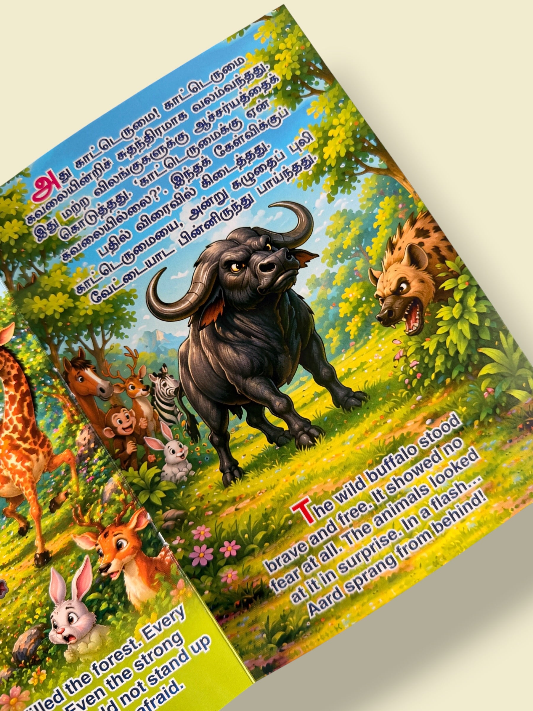Educational bilingual Tamil English story page from What is True Victory showing brave buffalo facing hyena in the forest