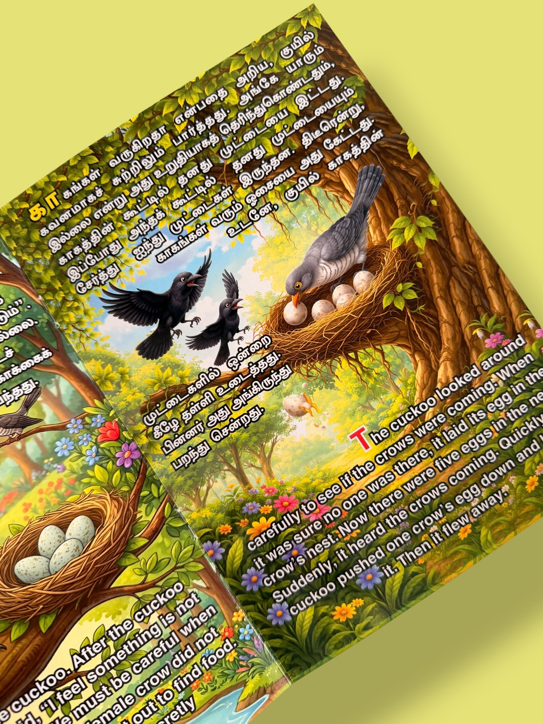 Story page from The Crow’s Nest Tamil English children’s book showing cuckoo laying eggs in the crow’s nest