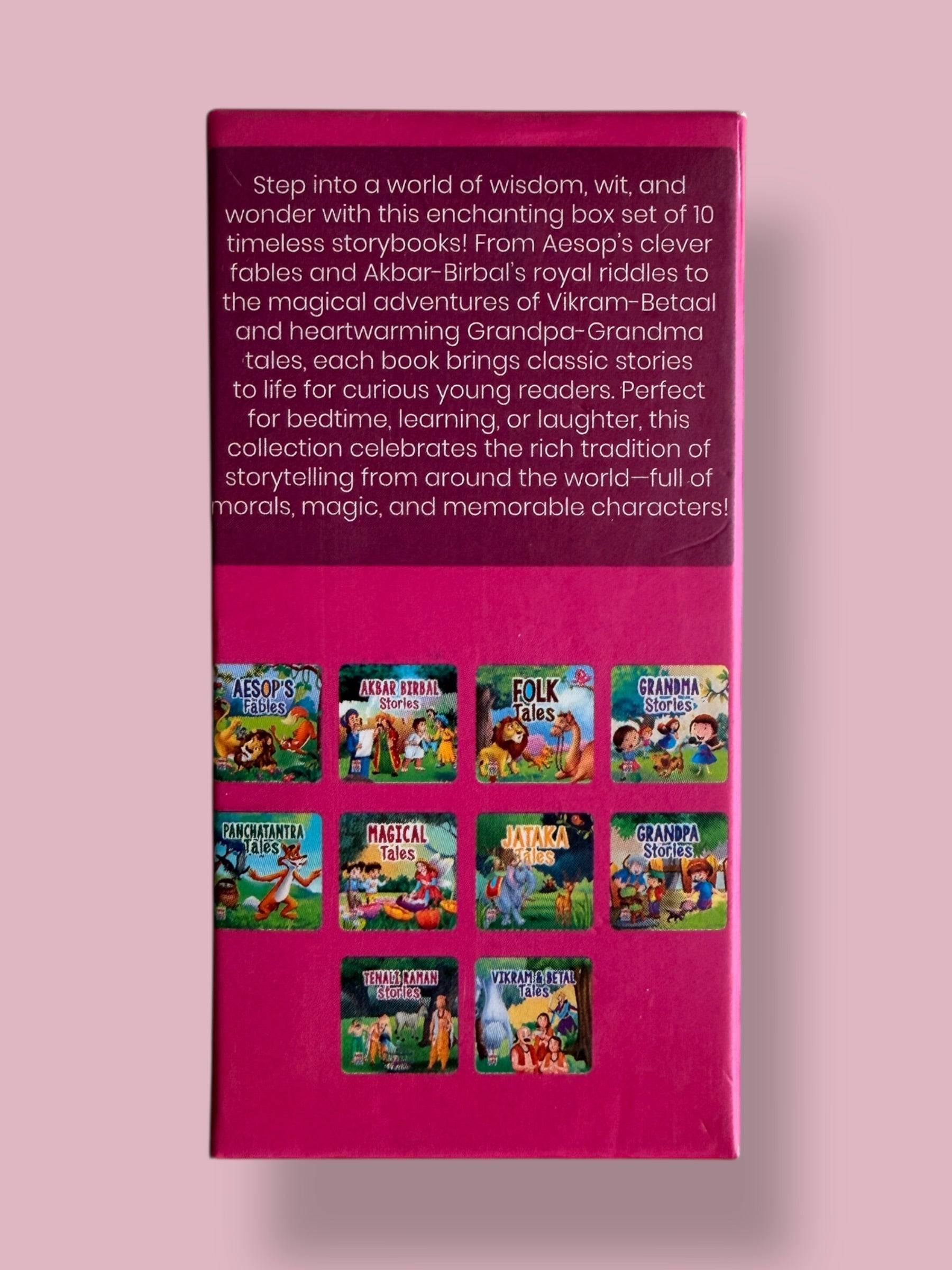 Back cover of My Treasure Box of Tales and Fables children’s story book collection showing included books and description of the set - Mini Mystic Tales