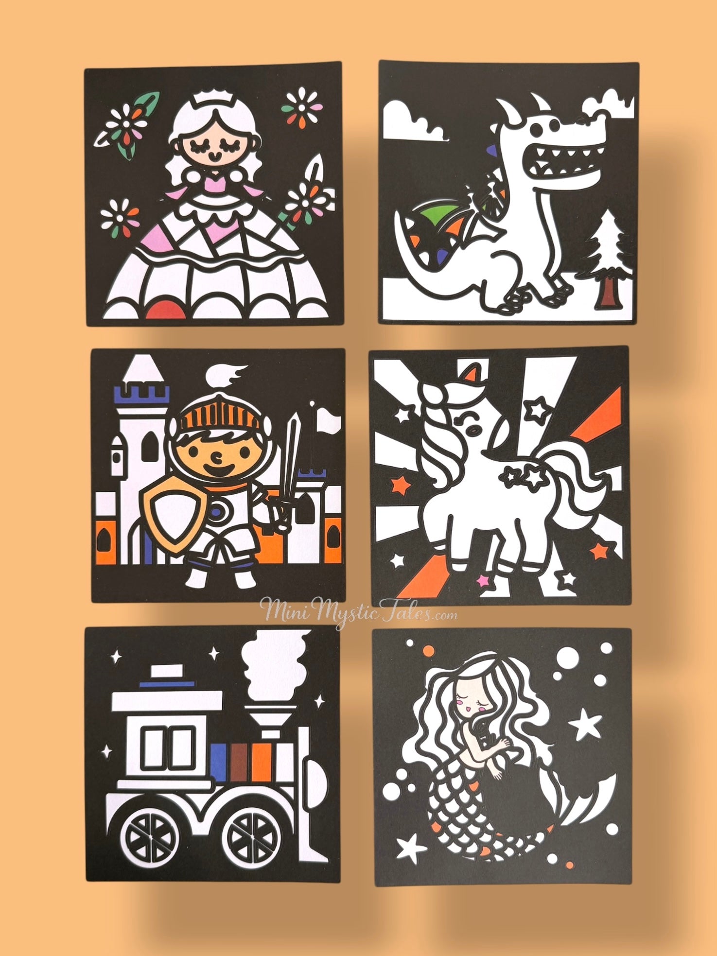 Six magical creatures themed sticker activity sheets including princess, dragon, knight, unicorn, train and mermaid designs