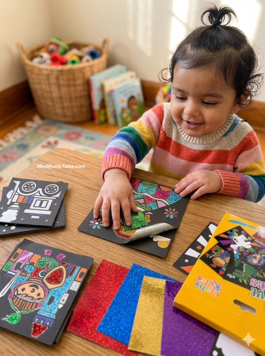 Toddler enjoying Magic Creative Stickers activity set with glitter sticker sheets and creative play cards - Mini Mystic Tales