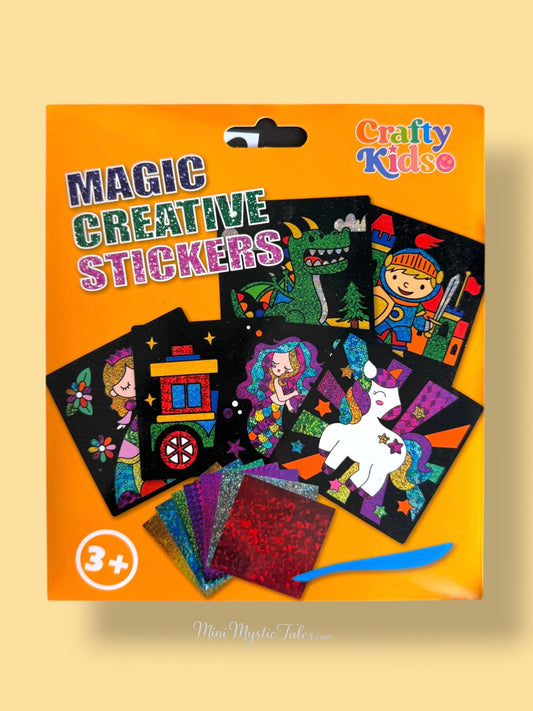 Magic Creative Stickers Magical Creatures activity set for kids aged 3+ with glitter sticker art sheets and plastic tool