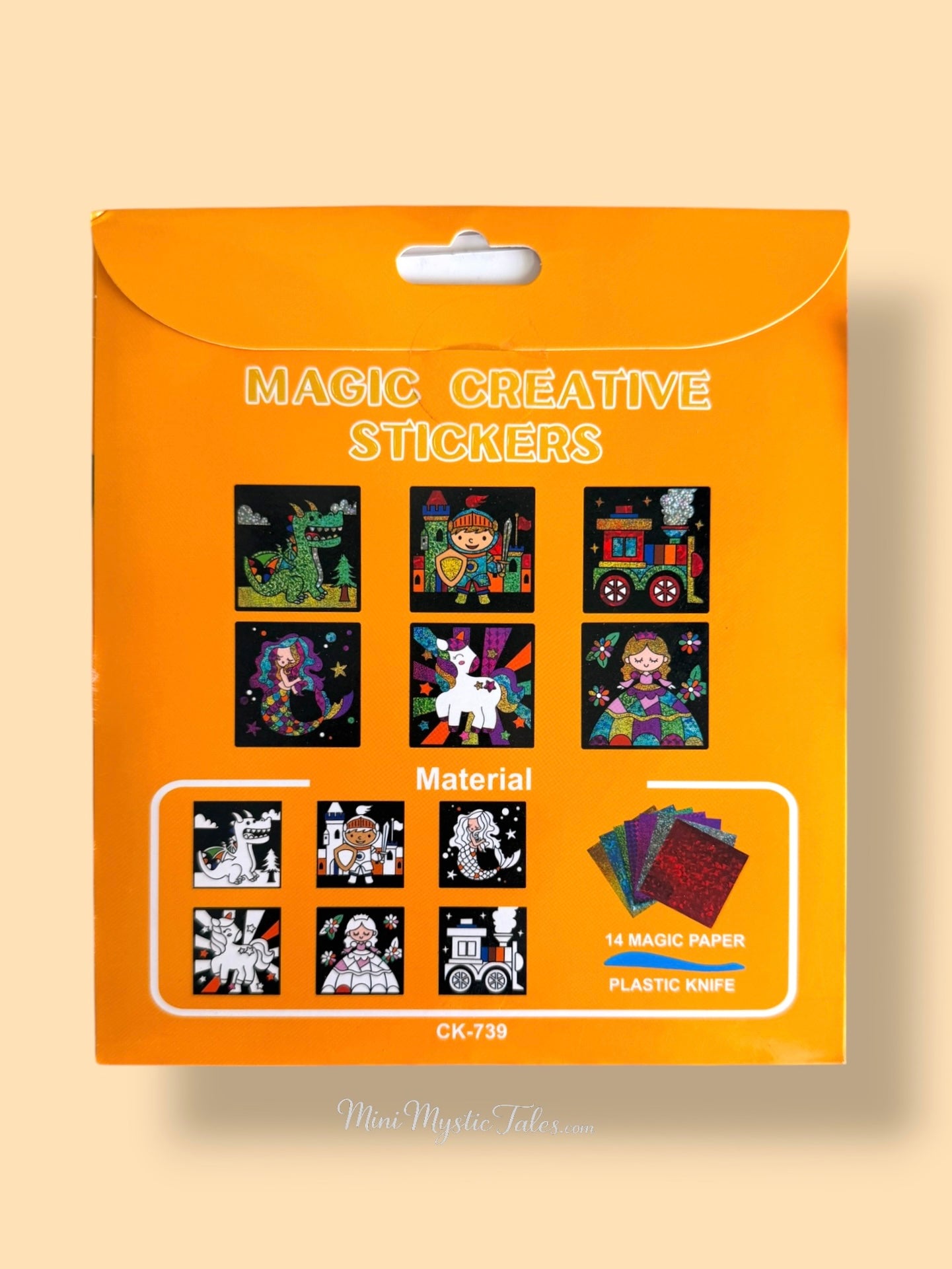 Back side of Magic Creative Stickers Magical Creatures activity set showing included materials and activity sheet previews