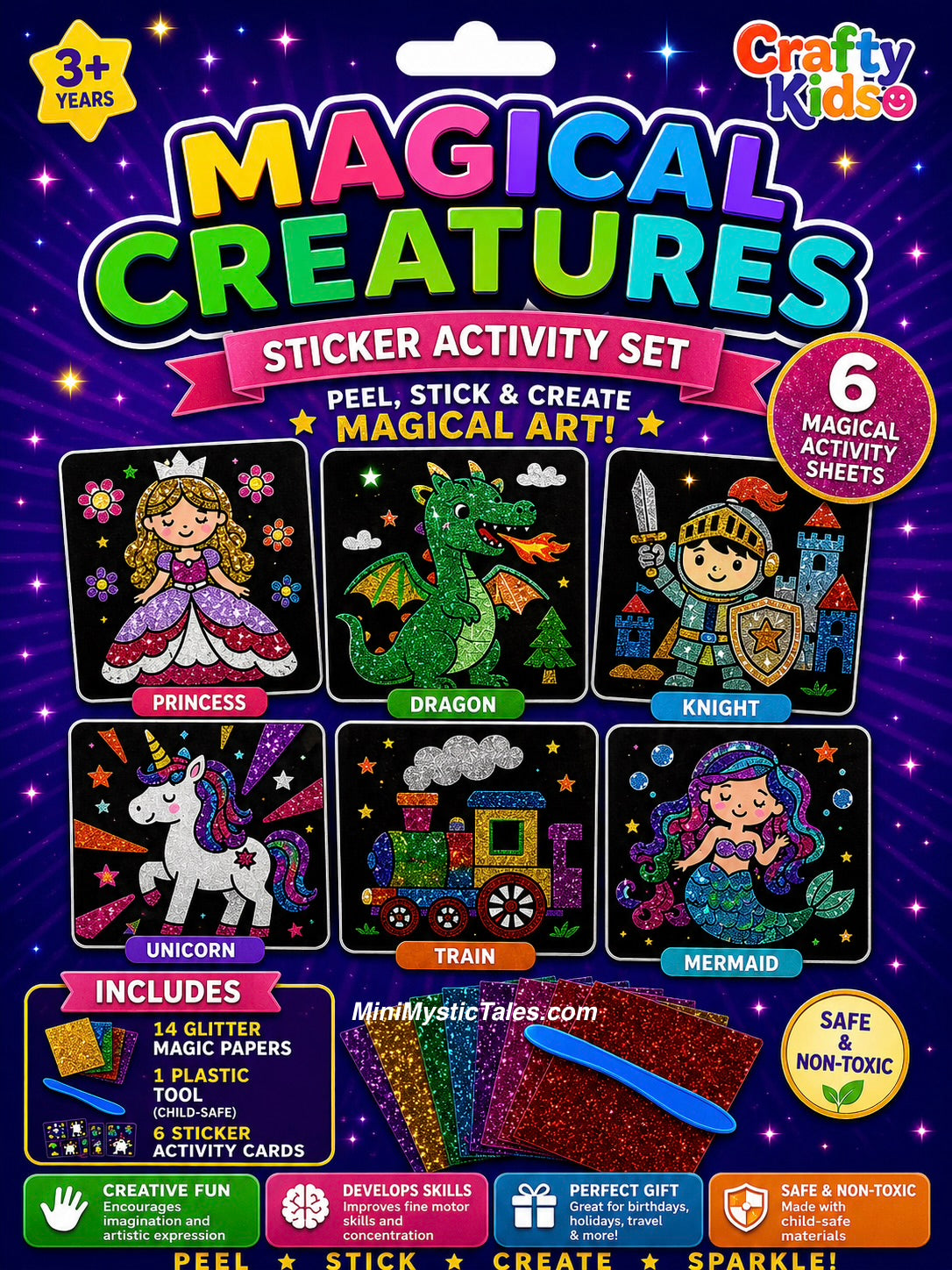 Magical Creatures sticker activity set showing 6 magical themed activity sheets including princess, dragon, knight, unicorn, train and mermaid