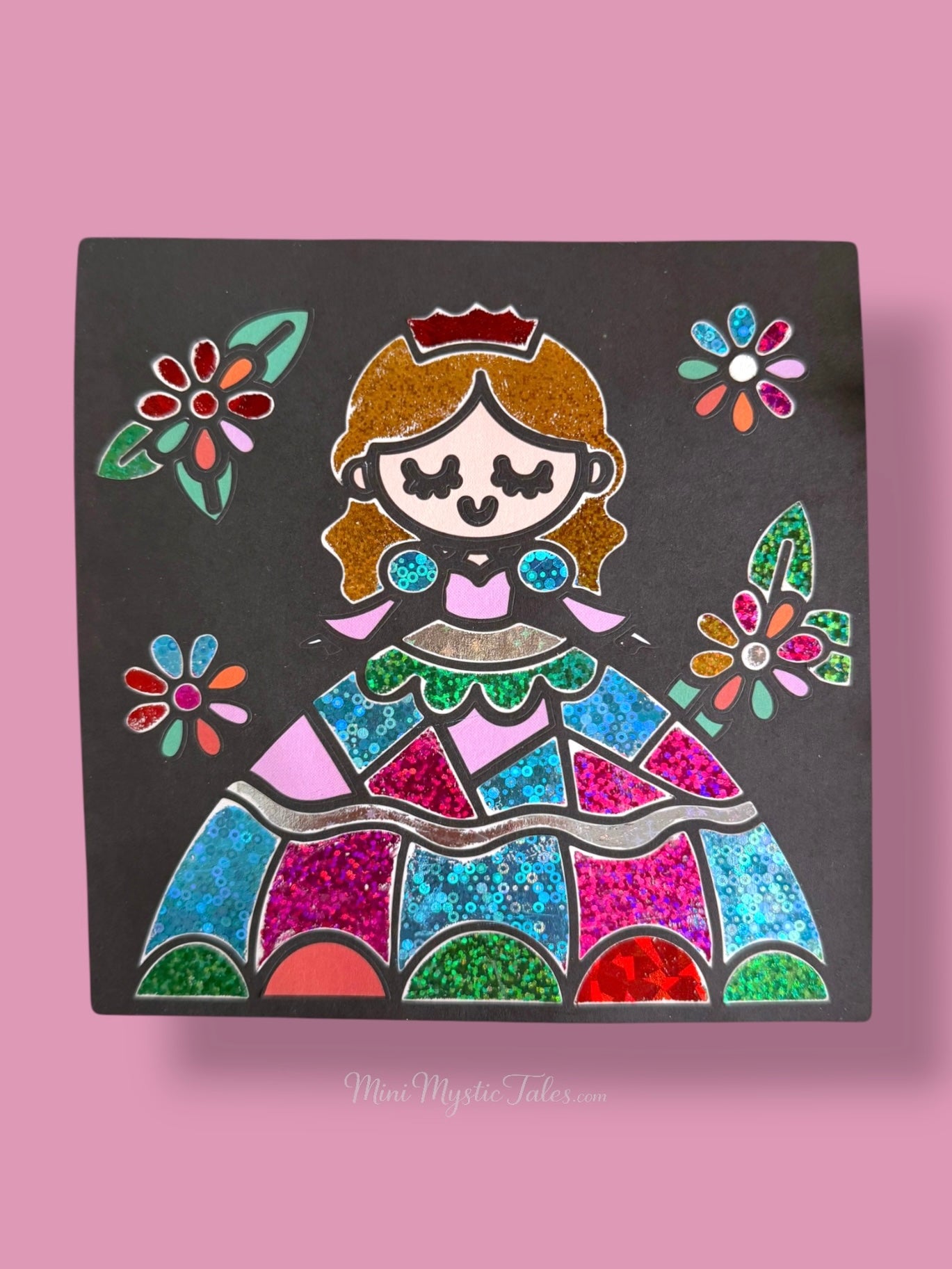 Completed princess glitter sticker artwork created using Magic Creative Stickers Magical Creatures activity set