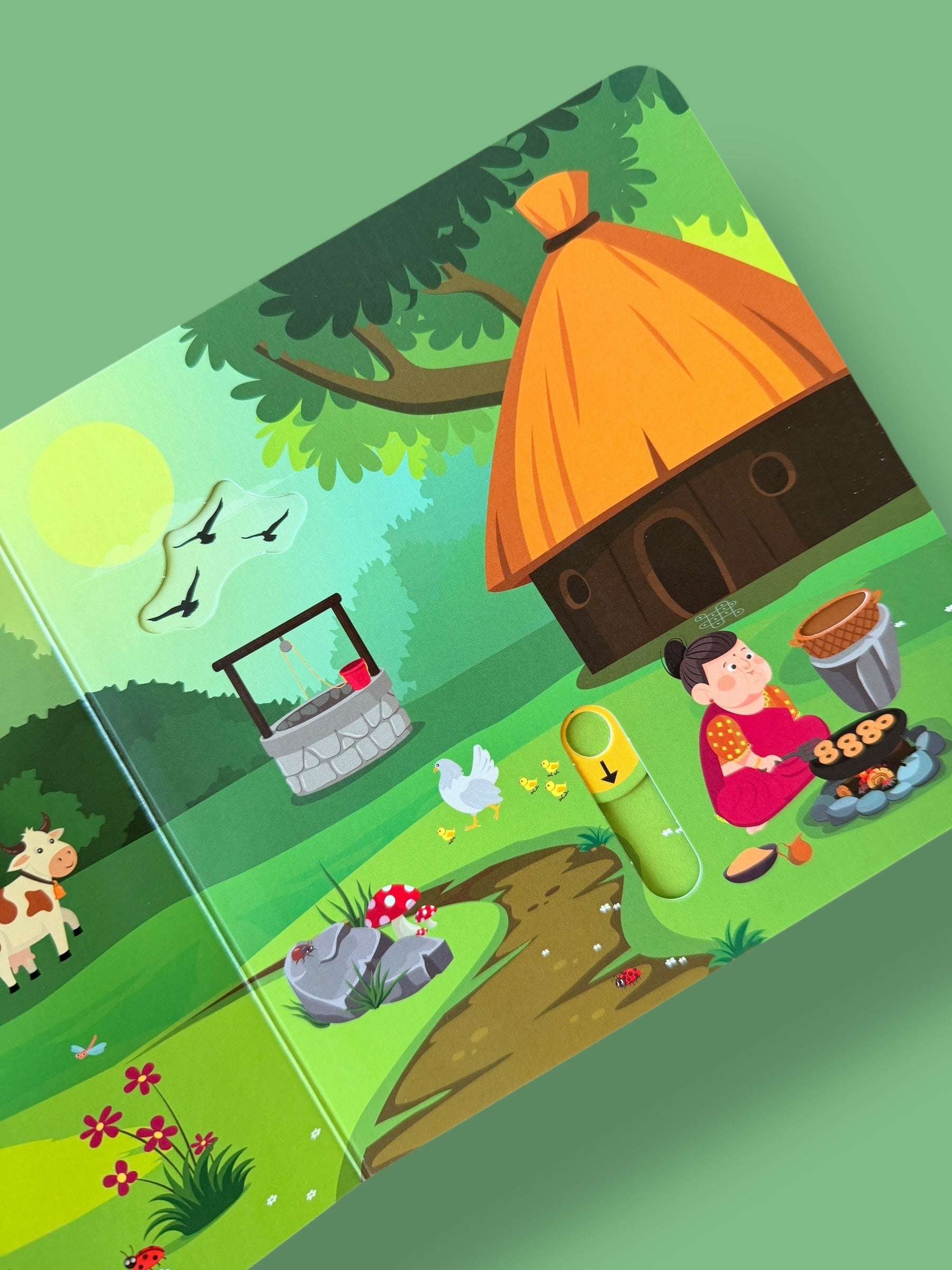 Illustration of a child by a treehouse with animals and nature elements on a green background of a famous story in Tamil for kids - Vadai pochae - Mini Mystic Tales