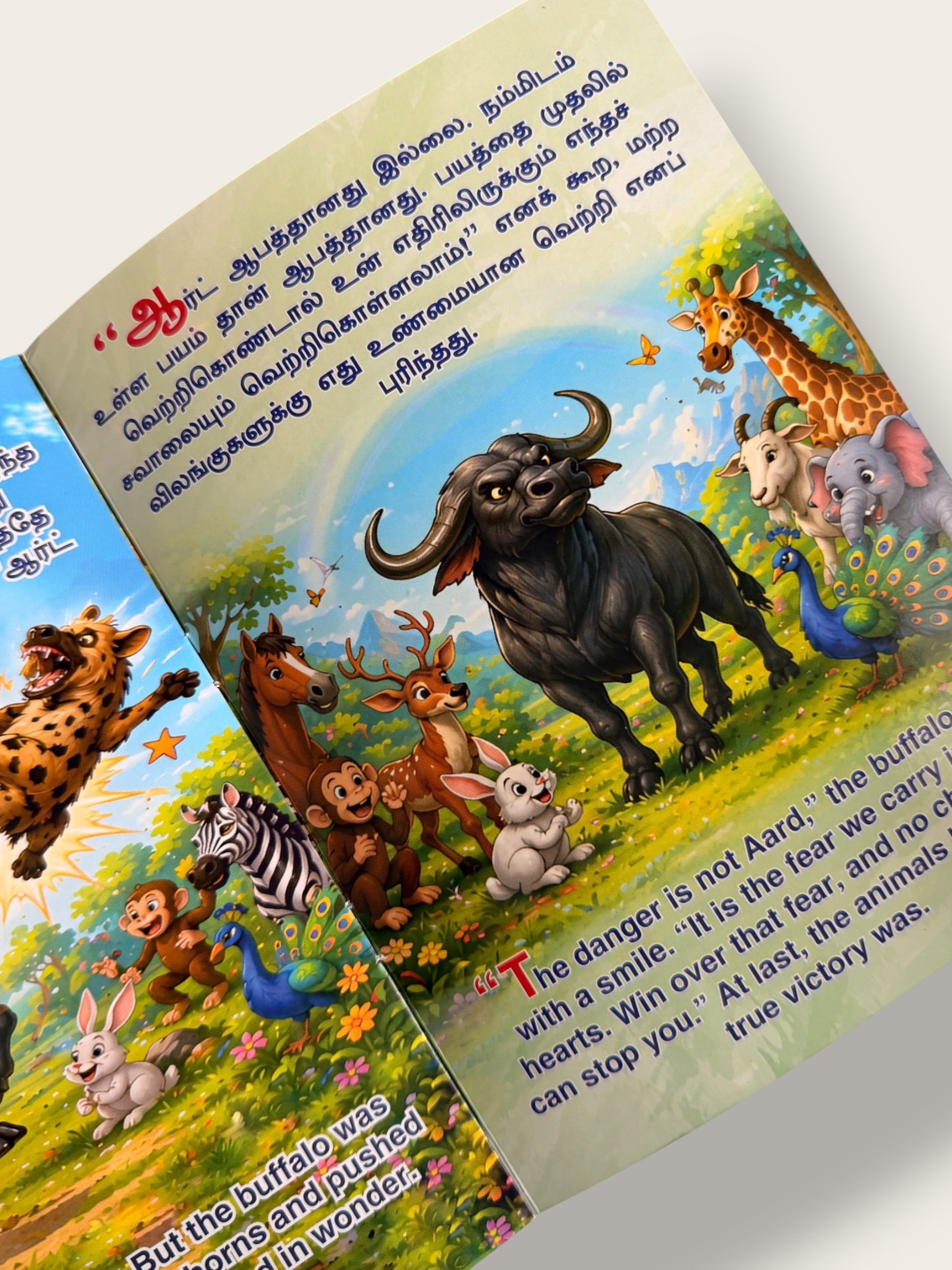 Final moral story page from What is True Victory Tamil English children’s book by Mini Mystic Tales showing unity courage and friendship among forest animals