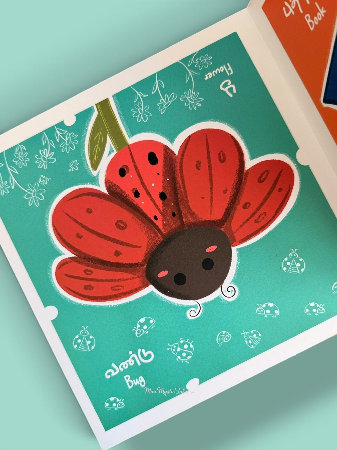 Interactive visual learning page from Adhu Idhu Edhu Tamil children’s book featuring Flower and Bug vocabulary.