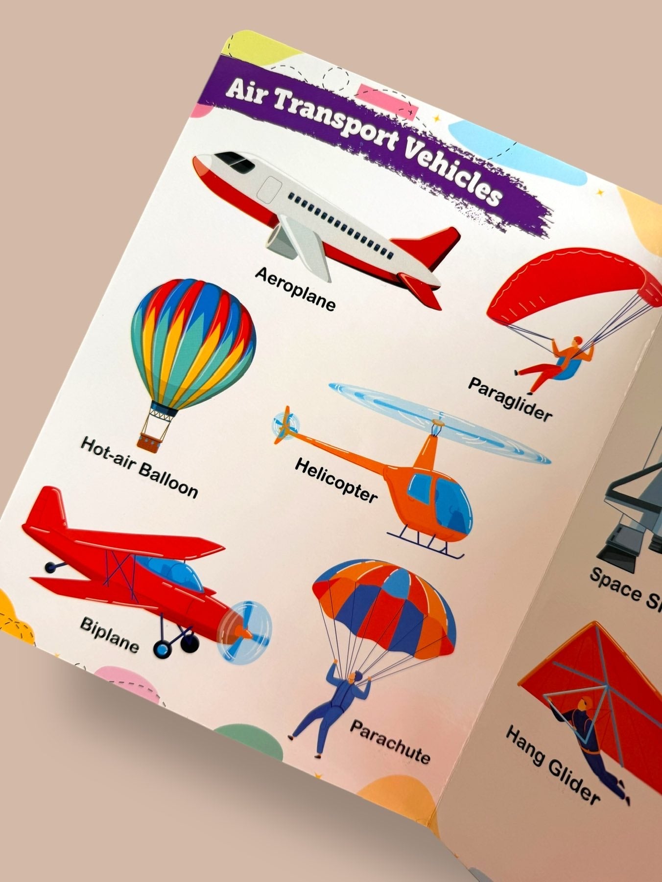 Air transport vehicles learning page featuring aeroplane, helicopter, hot-air balloon, paraglider, biplane, and parachute for early learning