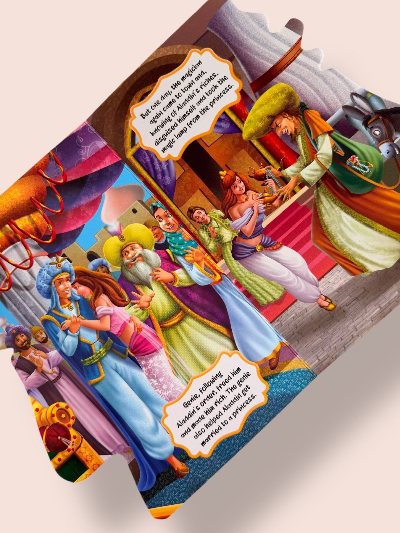 Aladdin Story Board Book page featuring the Genie, Princess Jasmine and Aladdin with colourful storytelling illustrations for children