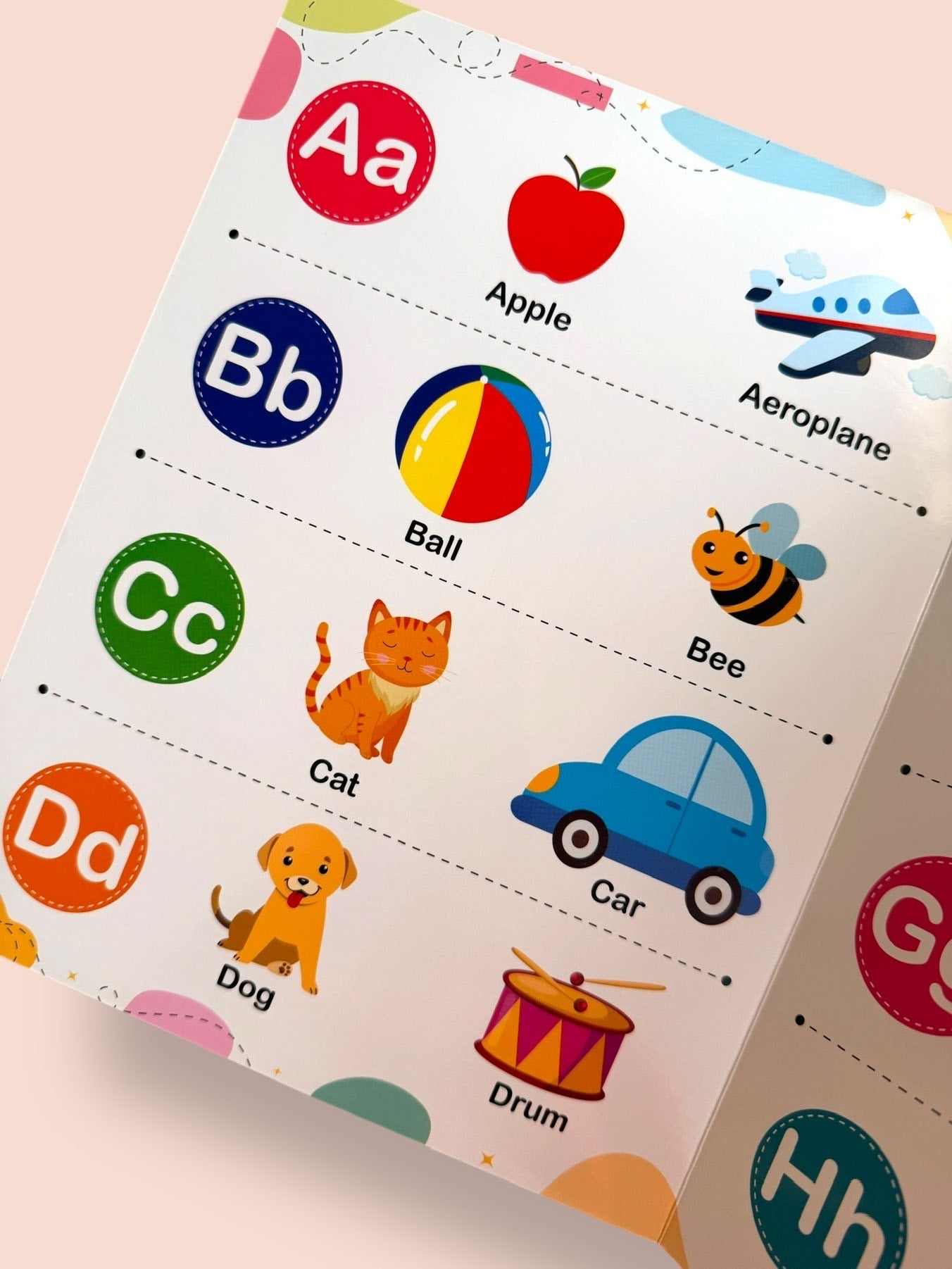 A to H alphabet learning page with Apple, Aeroplane, Ball, Bee, Cat, Car, Dog and Drum for preschool children