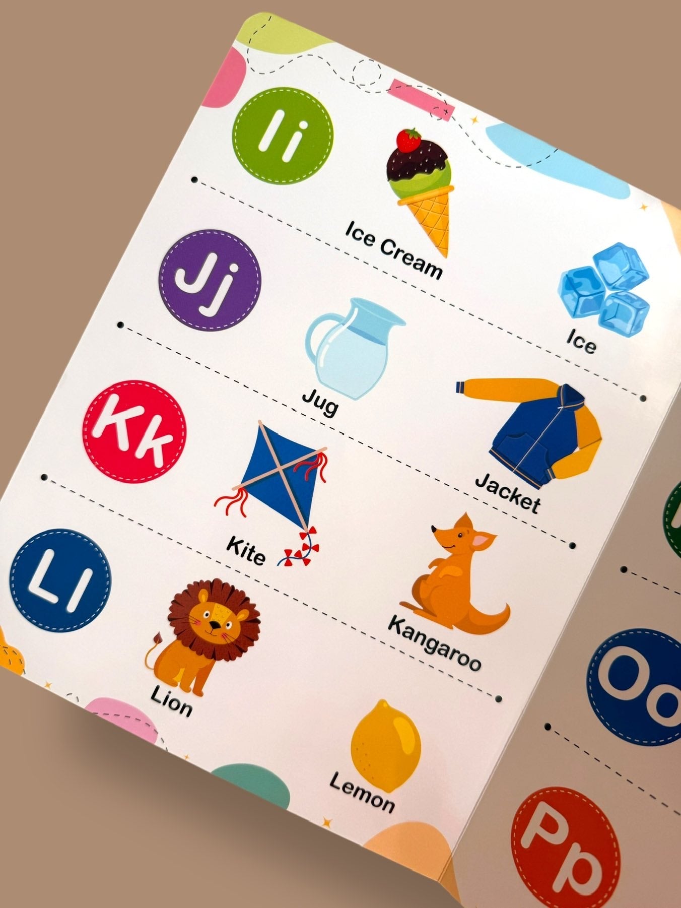 I to P alphabet board book page featuring Ice Cream, Jug, Kite, Lion, Lemon and other colourful first words for kids