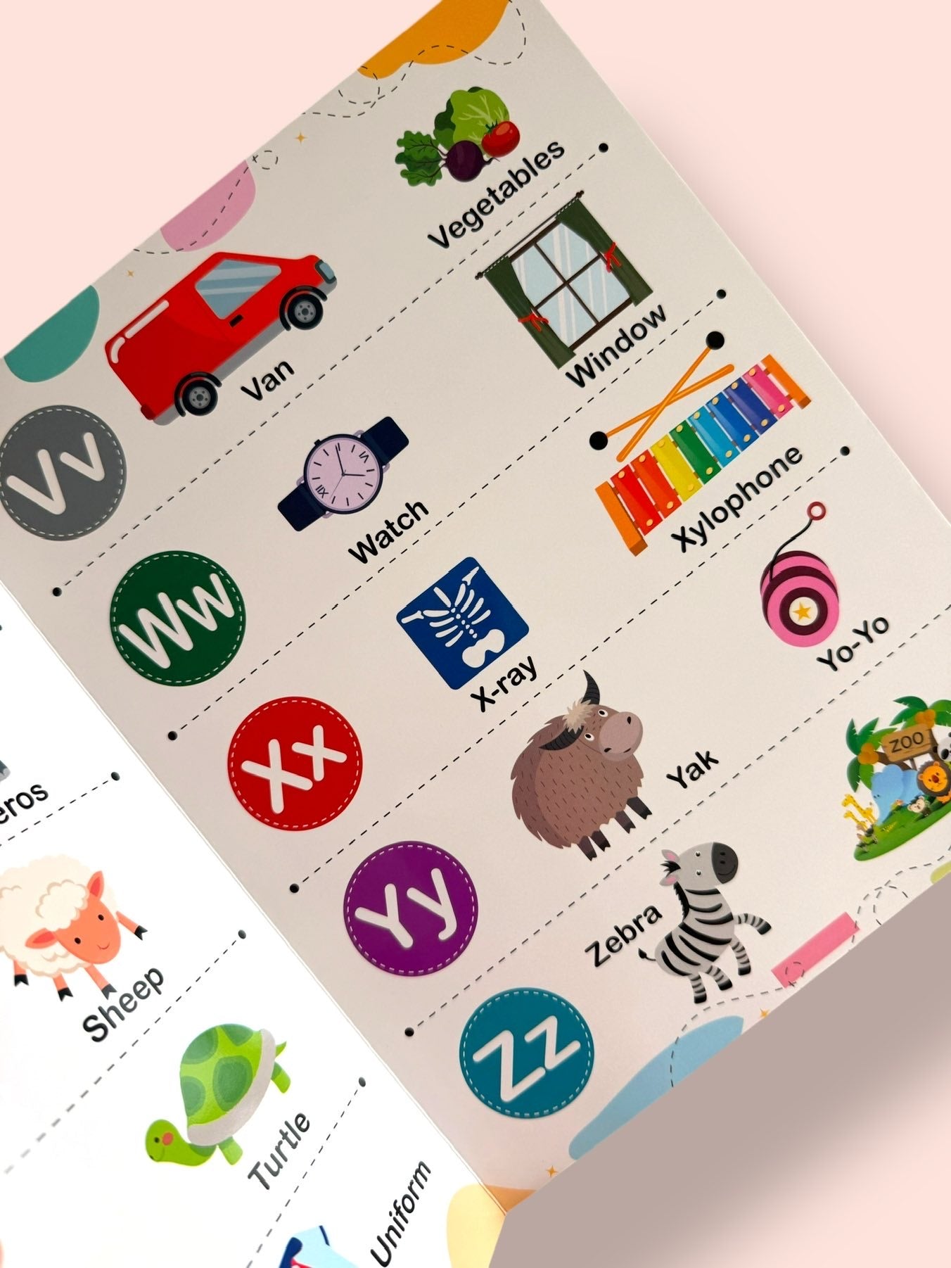 V to Z alphabet learning page with Van, Vegetables, Watch, Window, Xylophone, Yak, Yo-Yo and Zebra for early learners