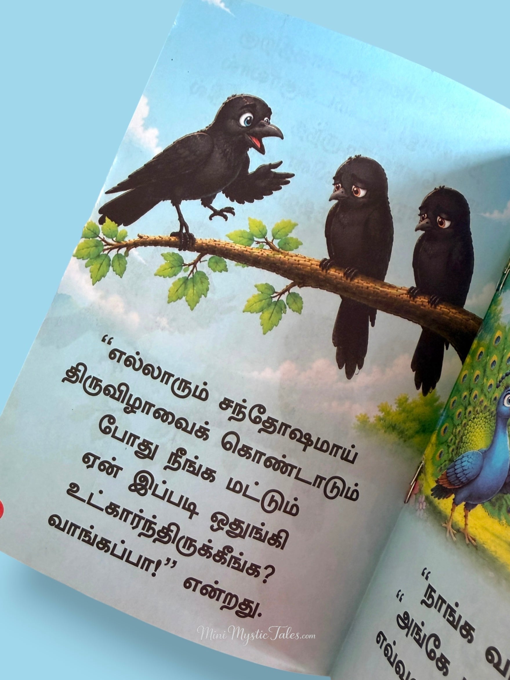 Crow characters learning important lessons about friendship and kindness in a Tamil story