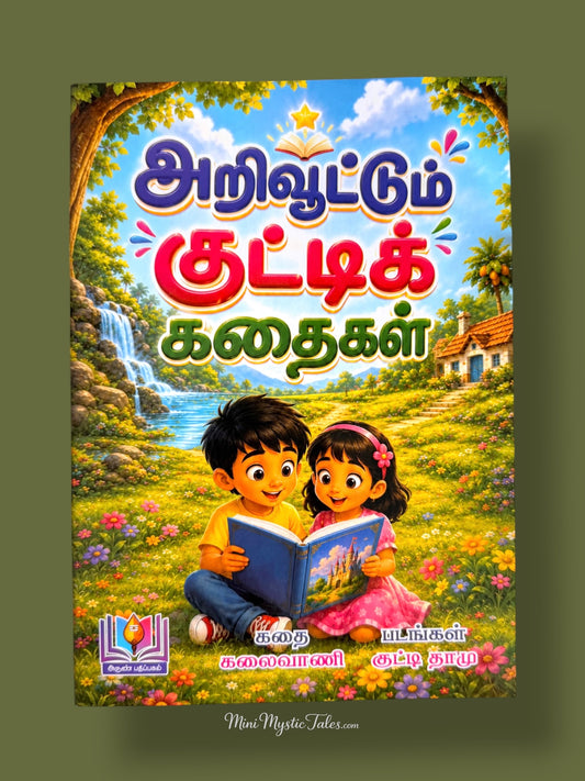 Arivootum Kutti Kadhaigal Tamil children’s story book featuring two children reading in a colourful nature setting