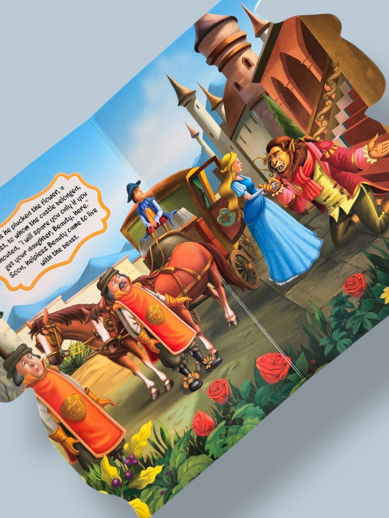 Beauty and the Beast Story Board Book page featuring Beauty arriving at the Beast’s enchanted castle in the classic fairy tale