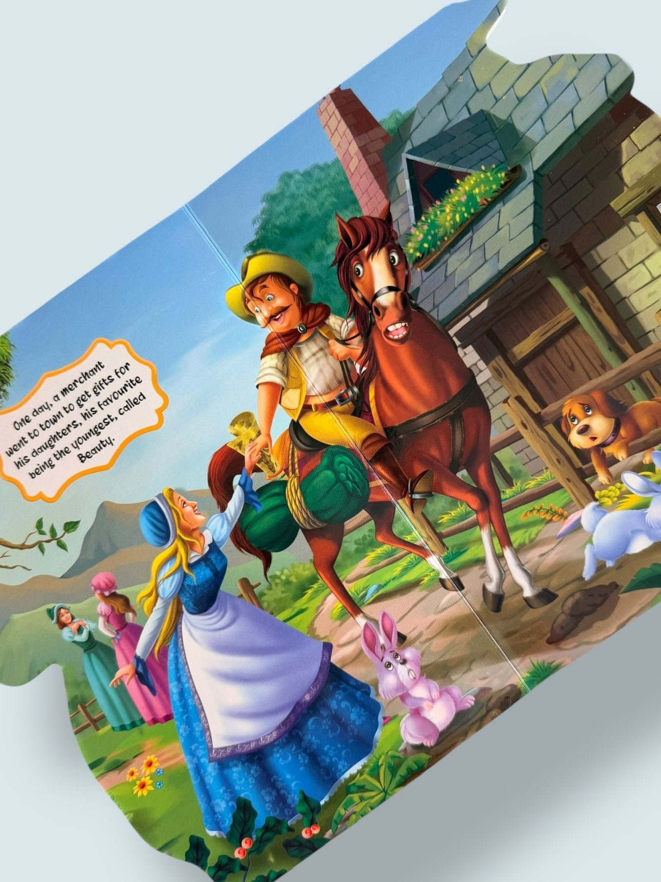 Beauty and the Beast Story Board Book page showing Beauty receiving a rose from her father before the magical adventure begins