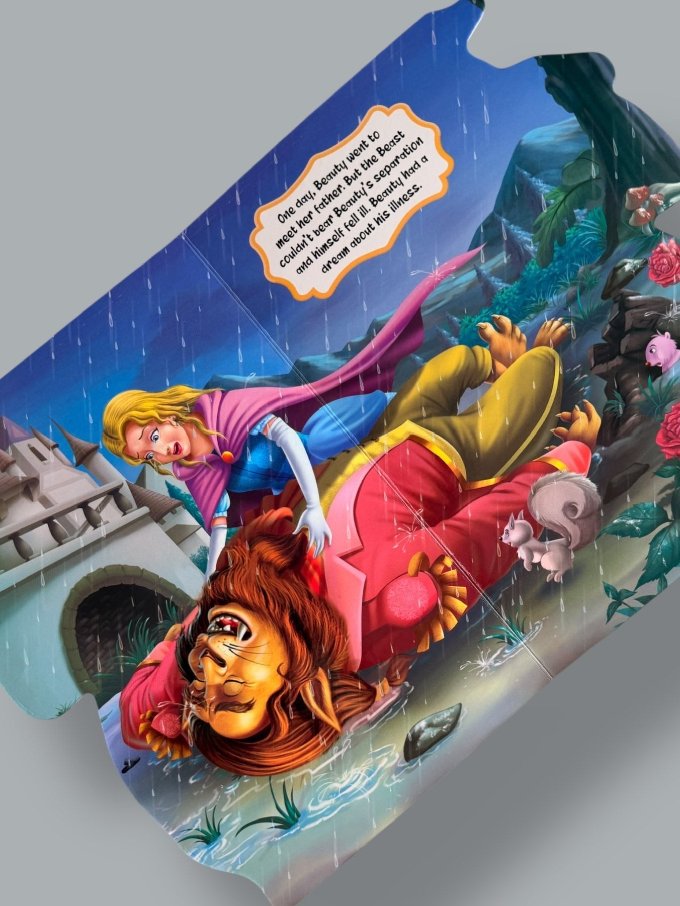 Beauty and the Beast Story Board Book page showing Beauty caring for the Beast as kindness and love transform the classic fairy tale
