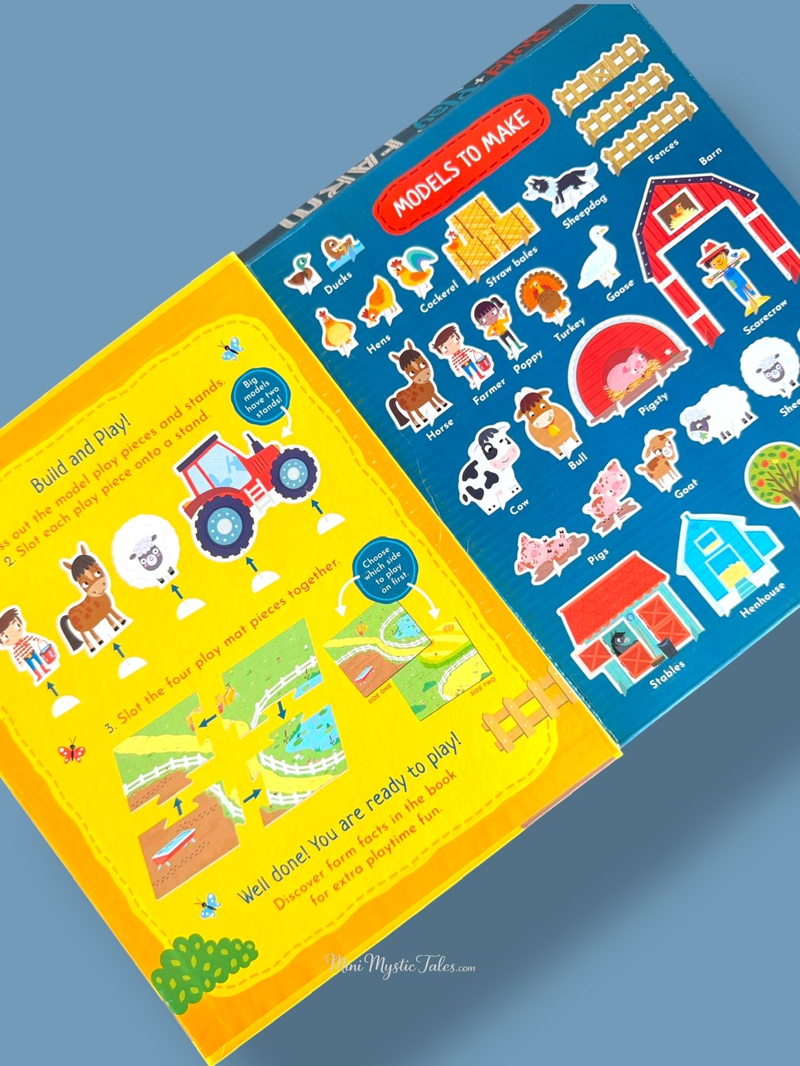 Build and Play Farm activity set showing instructions and 30 farm models children can assemble for interactive play.