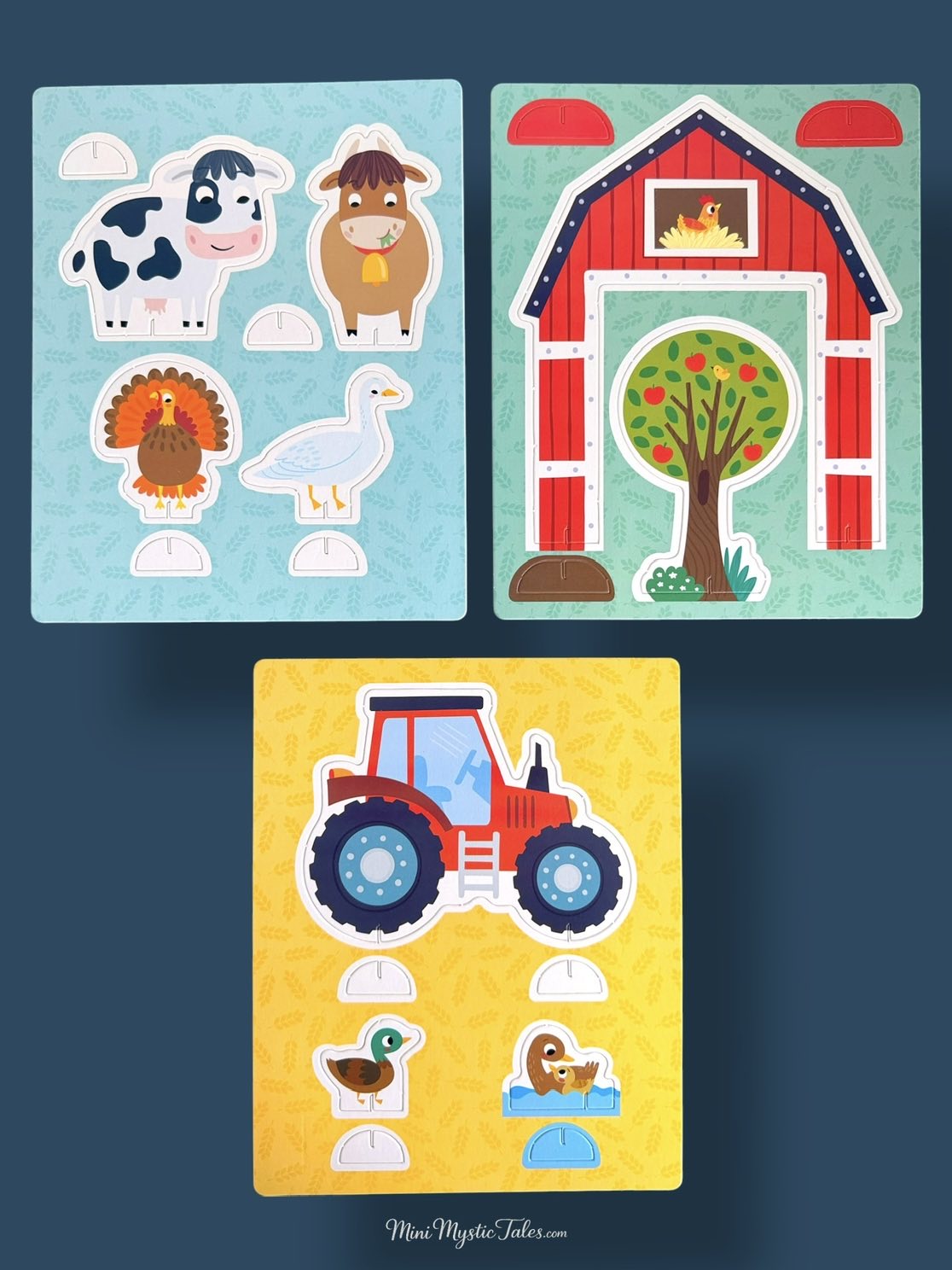Build and Play Farm model pieces featuring farm animals, tractor, barn and tree for hands-on pretend play.