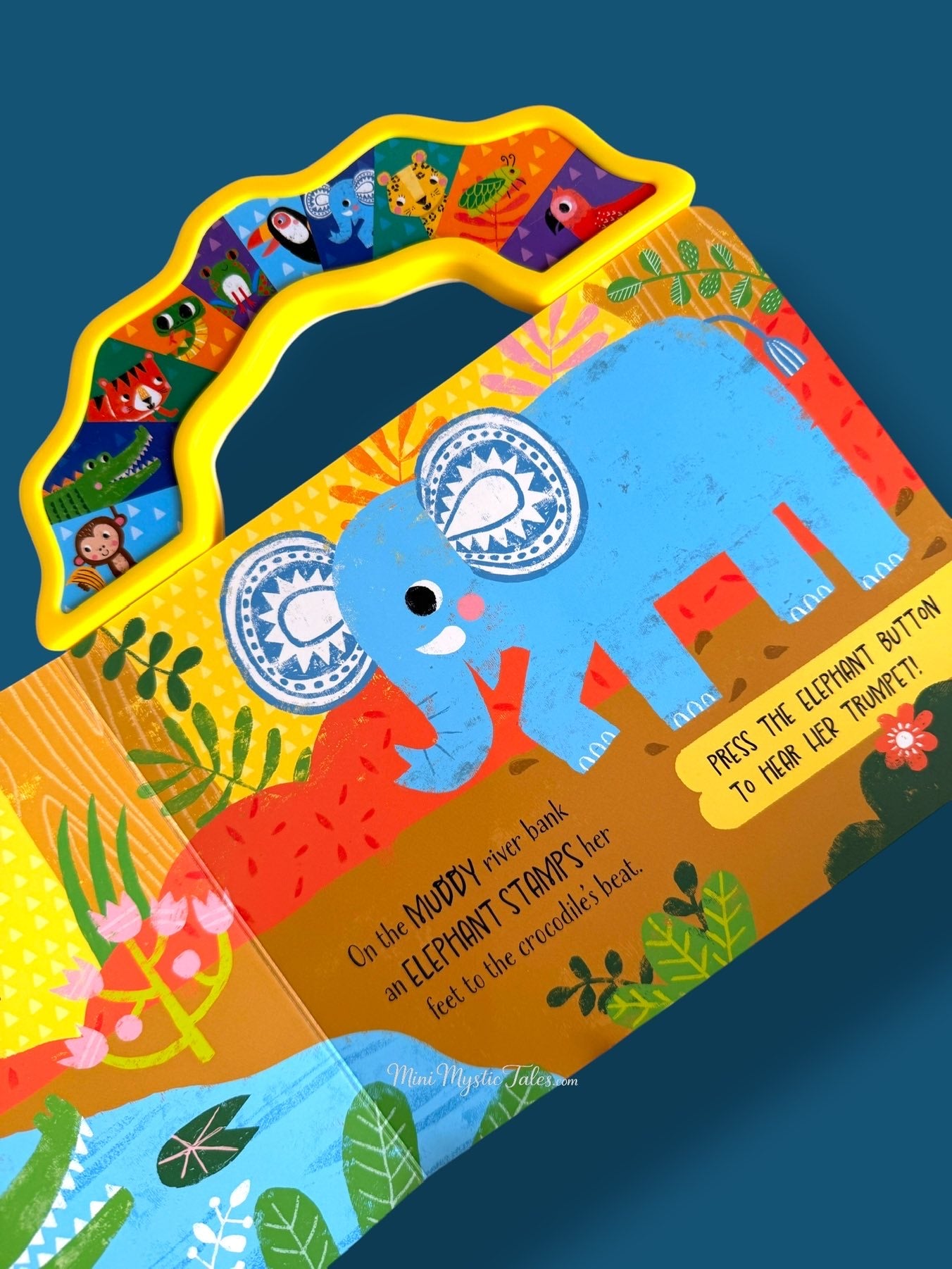 Jungle Adventure sound book page featuring an elephant with interactive trumpet sound button for kids