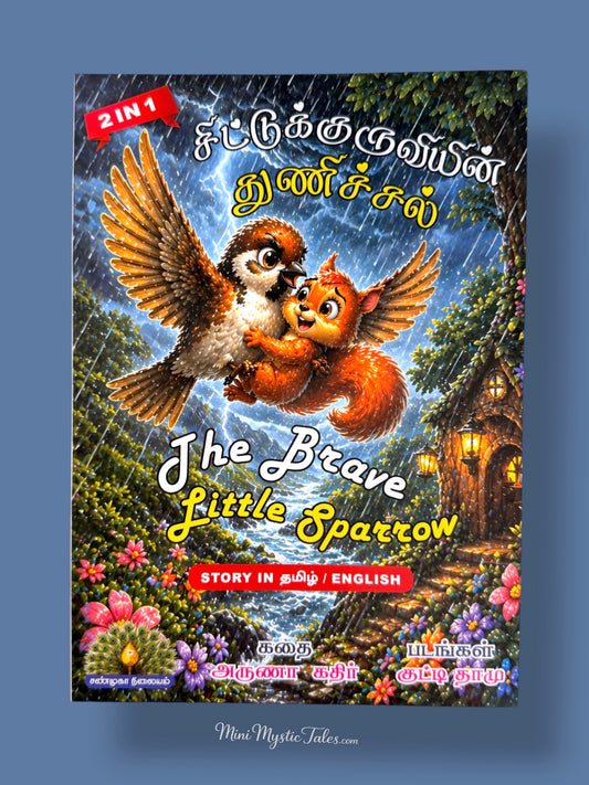 Chittukuruviyin Thunichal Tamil and English children’s story book featuring a brave sparrow helping animals during a storm