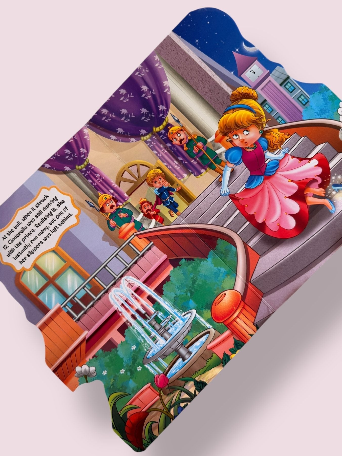 Cinderella Story Board Book page showing Cinderella leaving the palace at midnight after losing her magical glass slipper