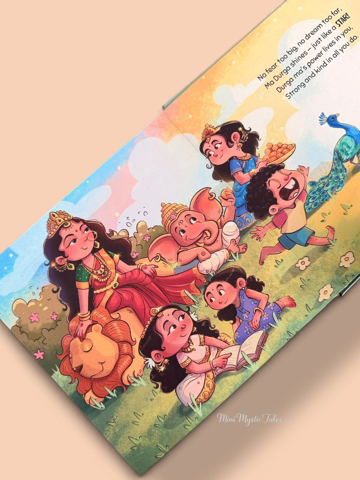 Joyful illustration of Durga Ma with children and her lion from an engaging Indian mythology storybook for kids.