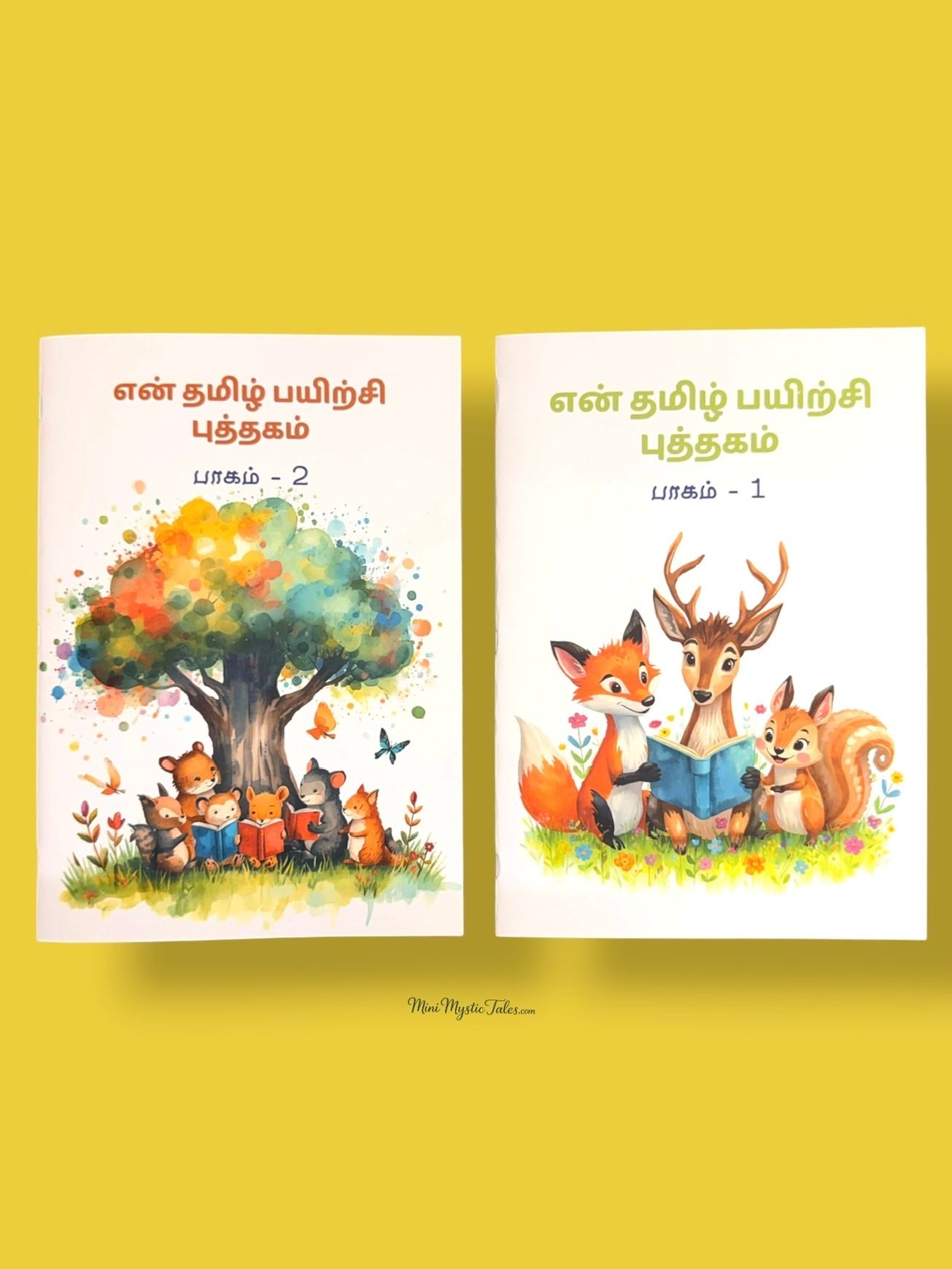 En Tamil Payirchi Puthagam Level 1 and Level 2 Tamil learning books combo for kids featuring Tamil alphabet, handwriting practice, vocabulary, reading, and activity exercises