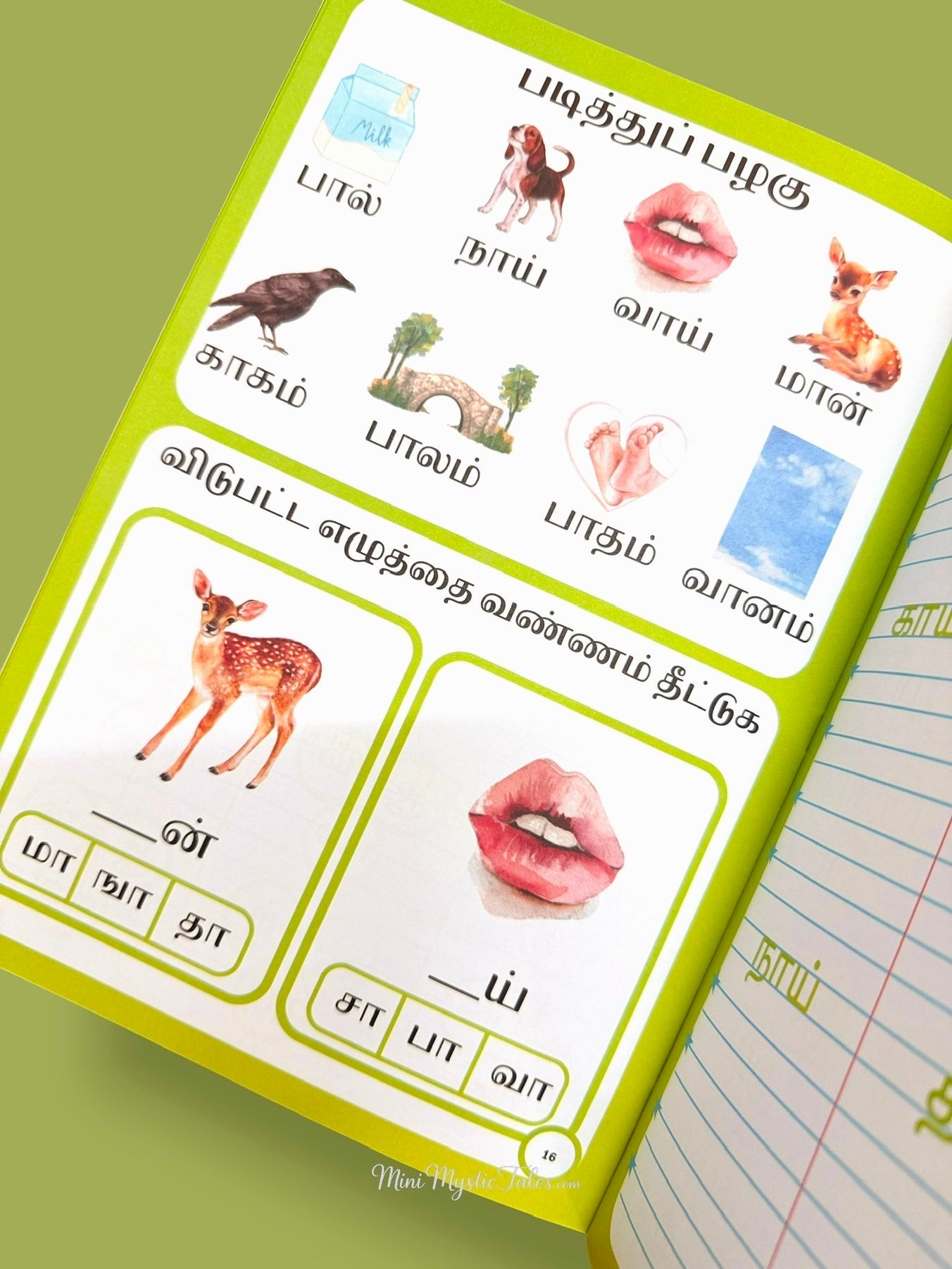 Tamil picture-word matching activity book for kids with vocabulary building and reading exercises in En Tamil Payirchi Puthagam Level 2
