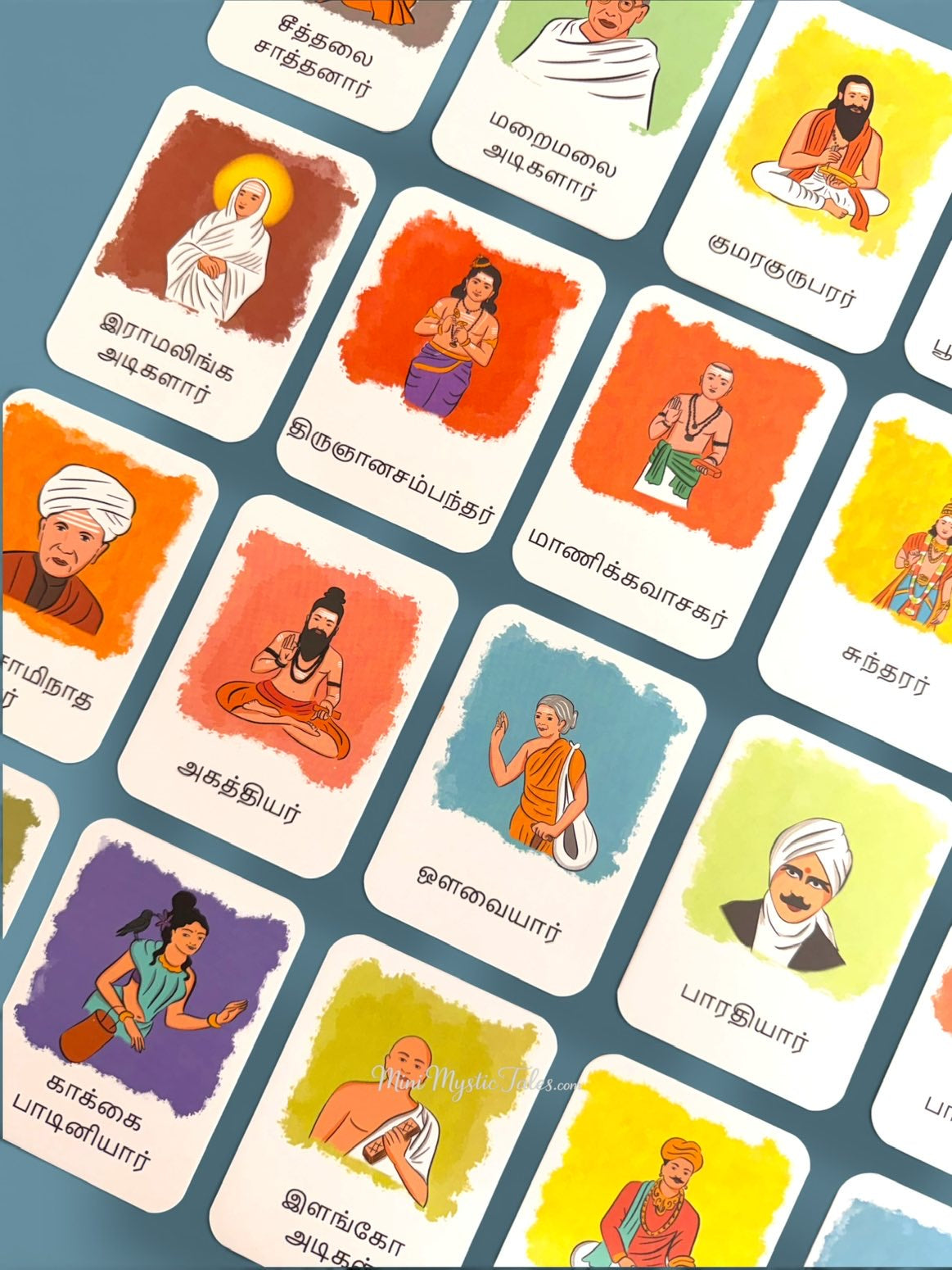 Famous Tamil poets flashcards for children with colourful illustrations and Tamil names for easy recognition and learning.