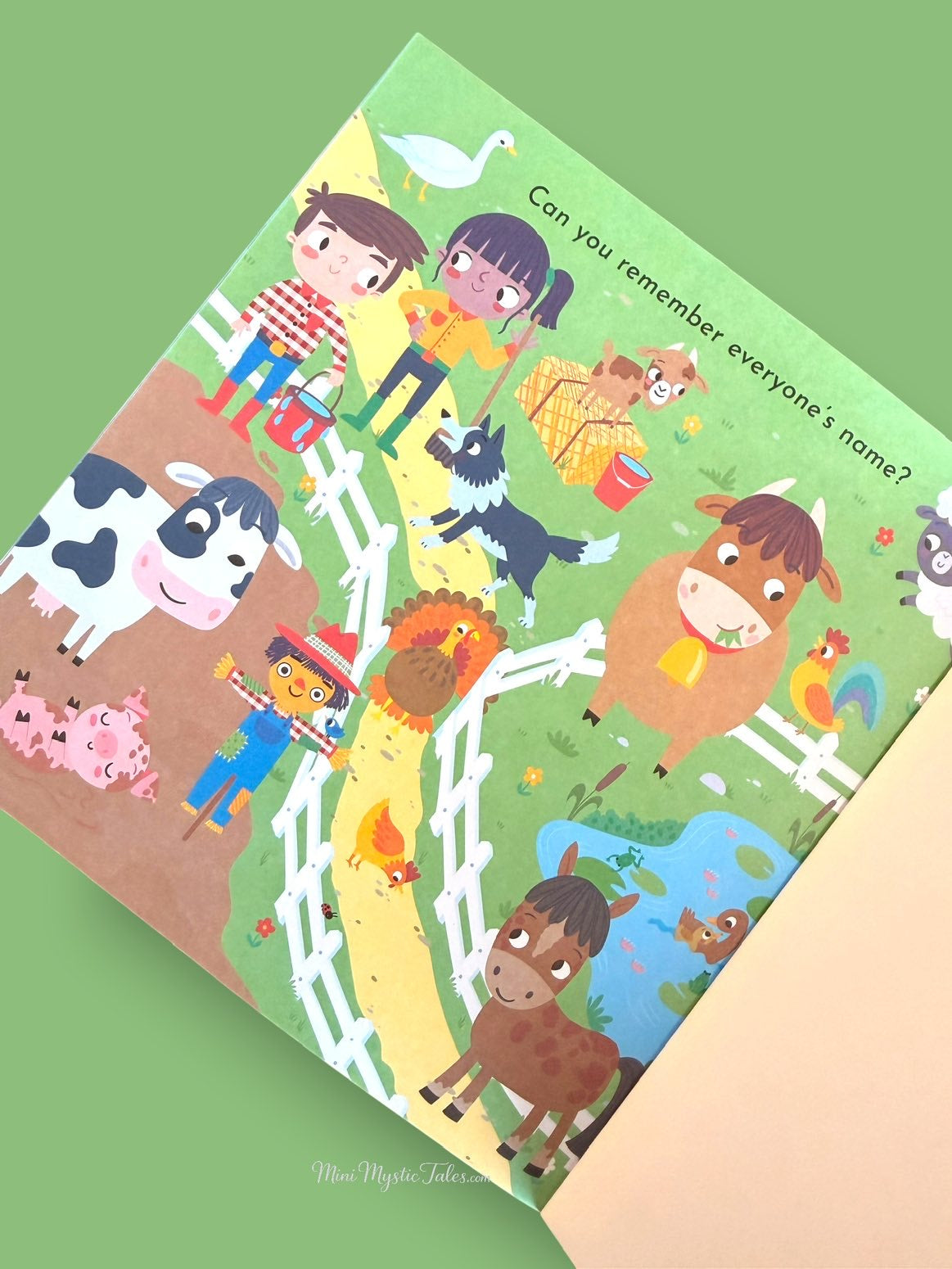 Colourful farm animal learning page encouraging children to recognise and remember cows, horses, pigs, chickens and other farm animals.