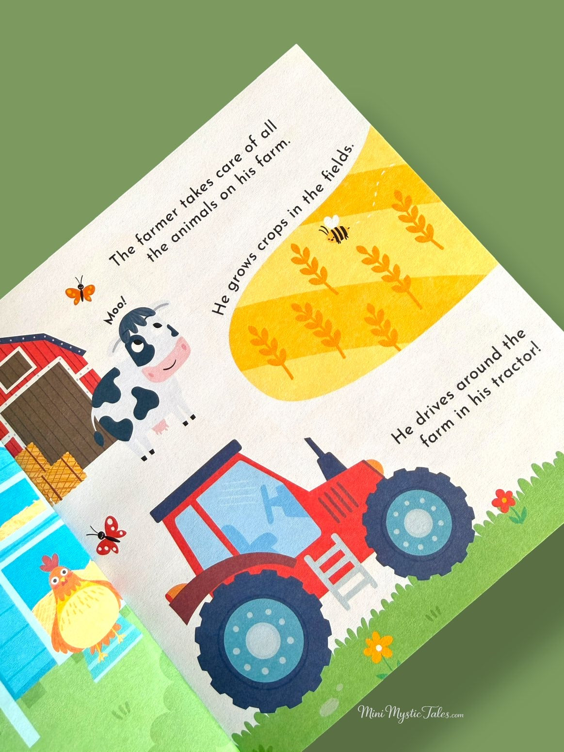 Inside page of farm facts book teaching children about farmers, crops, farm animals and tractors through colourful illustrations.
