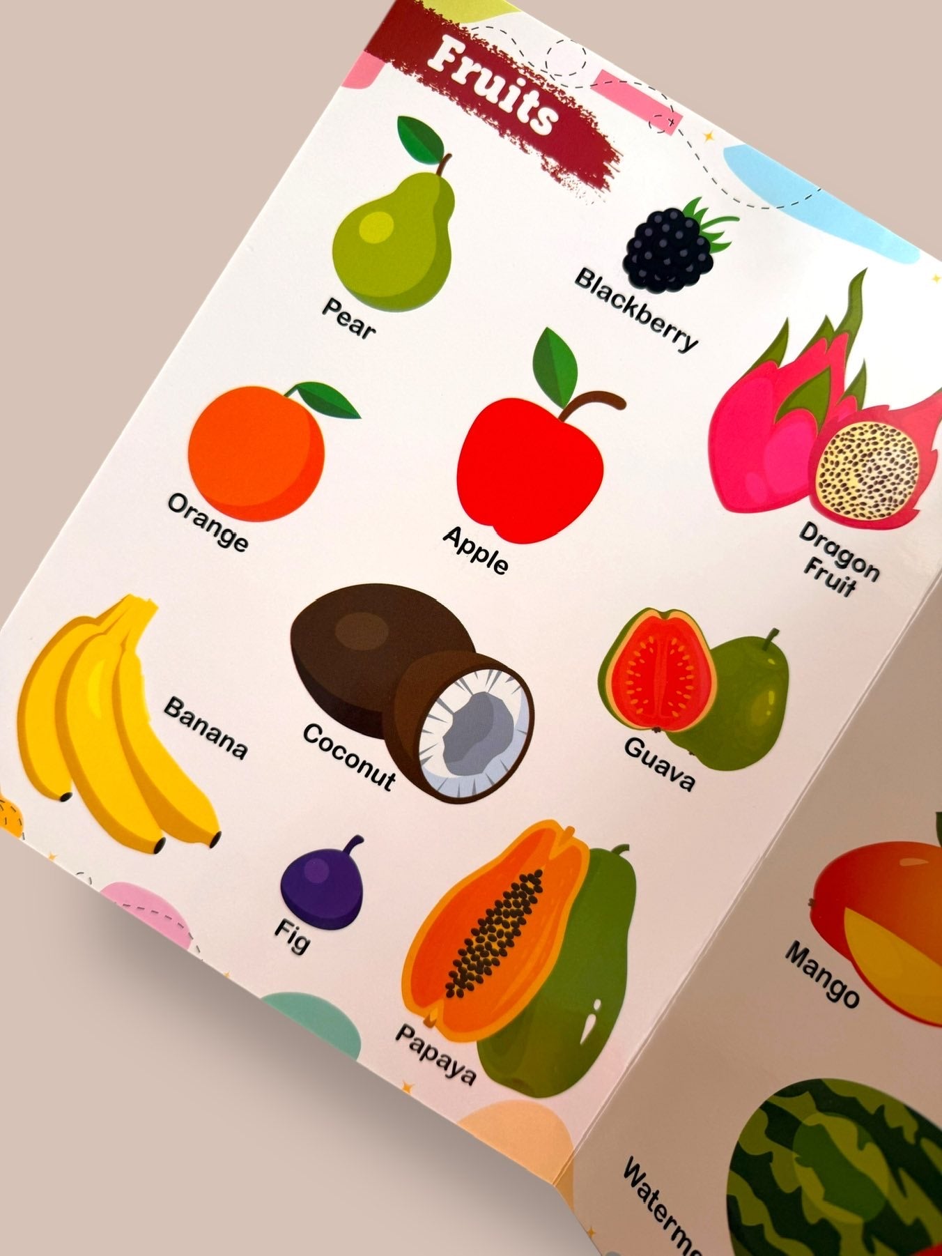 Fruits learning page with apple, banana, pear, orange, dragon fruit, coconut, guava, papaya, fig, blackberry, and other common fruits for kids