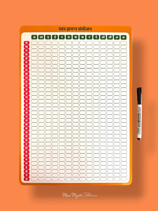 Reusable Hindi writing board for kids featuring Swar and Vyanjan letter combinations for Hindi alphabet practice, handwriting development, and early language learning with marker pen.