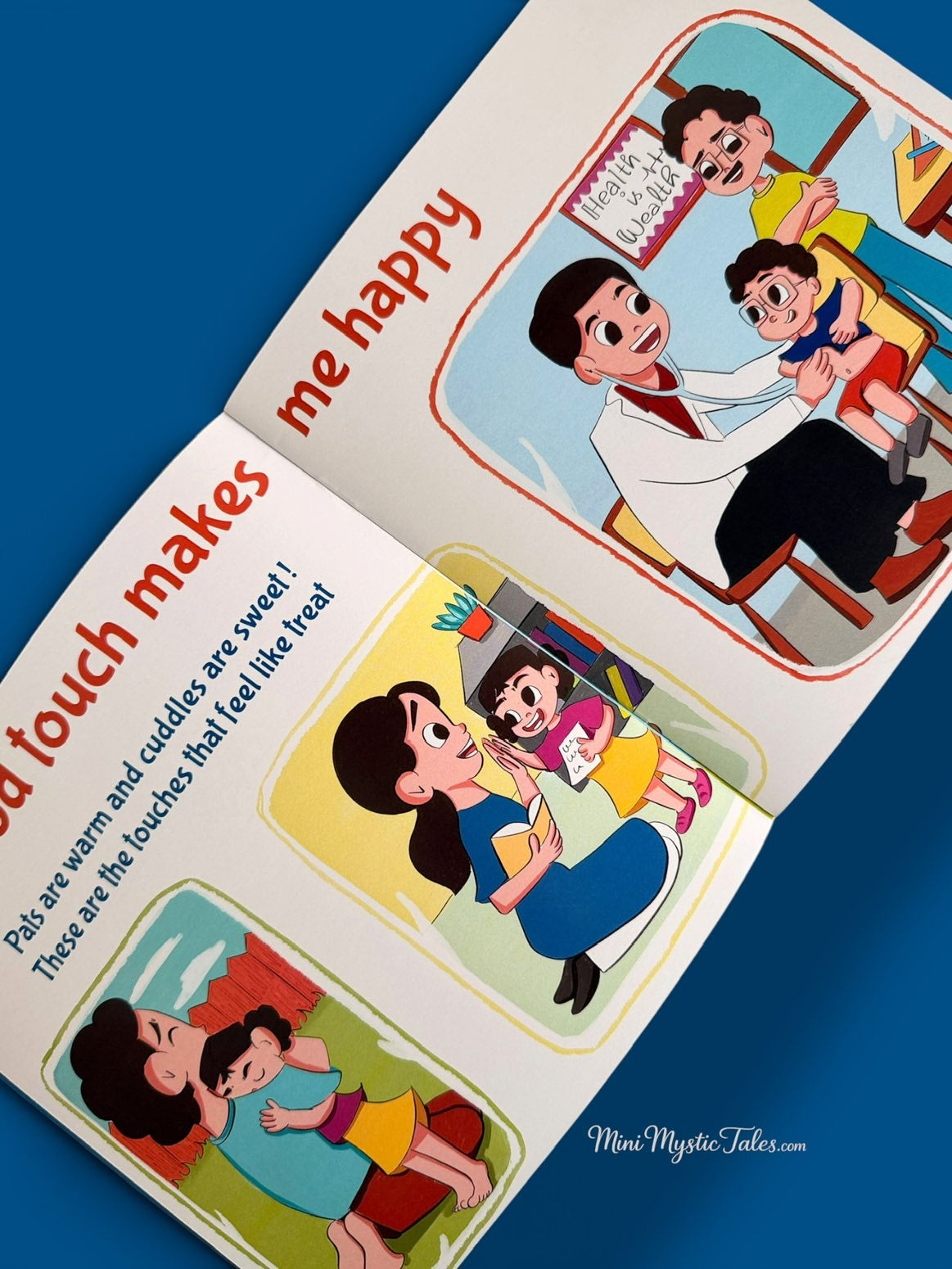 Inside pages of I Know When to Say No showing child-friendly illustrations explaining safe, comforting touch and positive interactions with trusted adults.