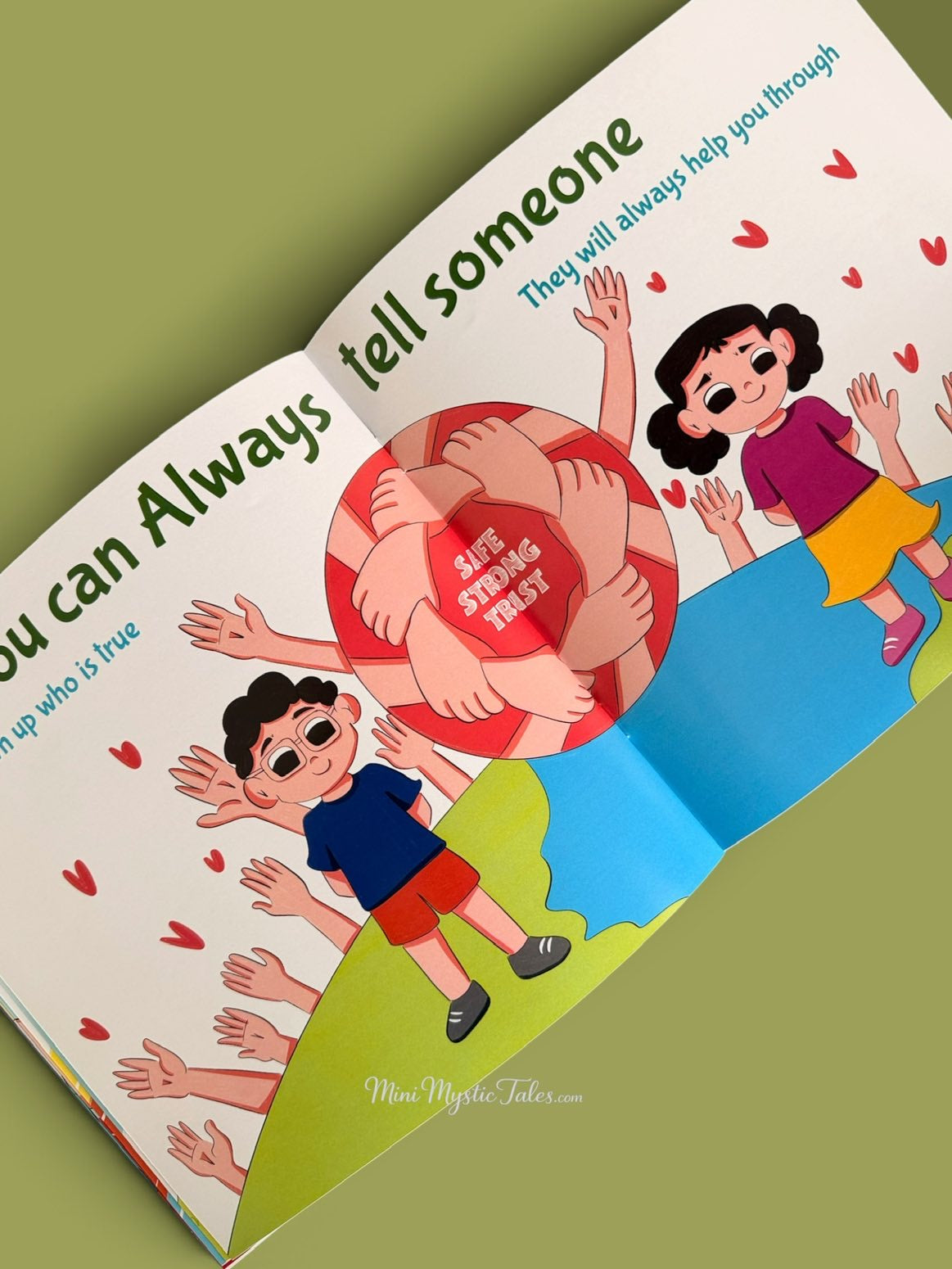 Illustrated pages from I Know When to Say No teaching children to speak up, identify trusted adults and seek help when they feel unsafe.