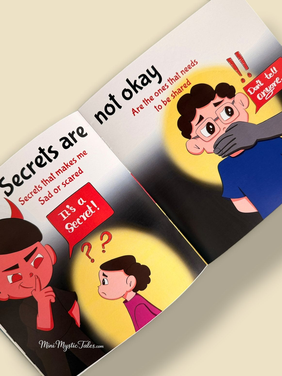 Children's body safety book explaining why secrets that cause fear or discomfort should be shared with trusted adults, using simple illustrations.