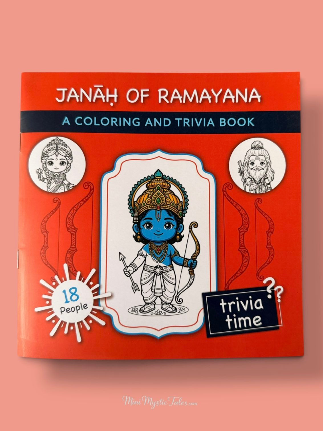 Janah of Ramayana coloring and trivia book for kids featuring 18 characters from the Ramayana with fun facts and coloring activities.