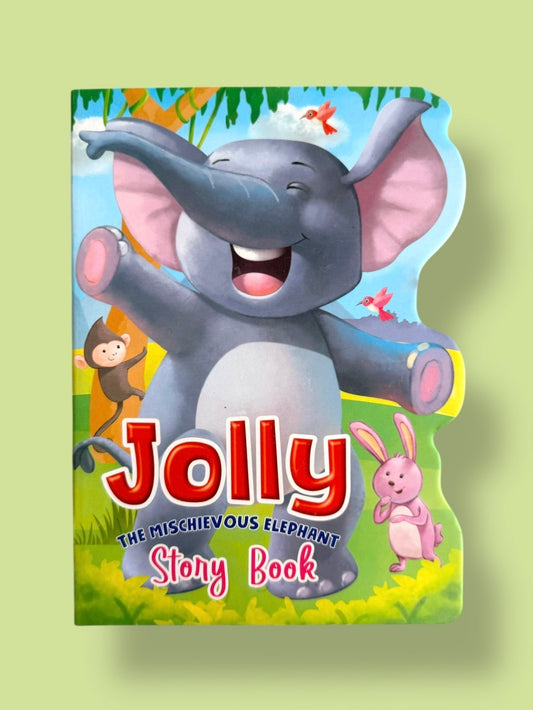 Jolly the Mischievous Elephant Story Board Book for kids featuring a fun elephant adventure with colourful illustrations and a die-cut board book design