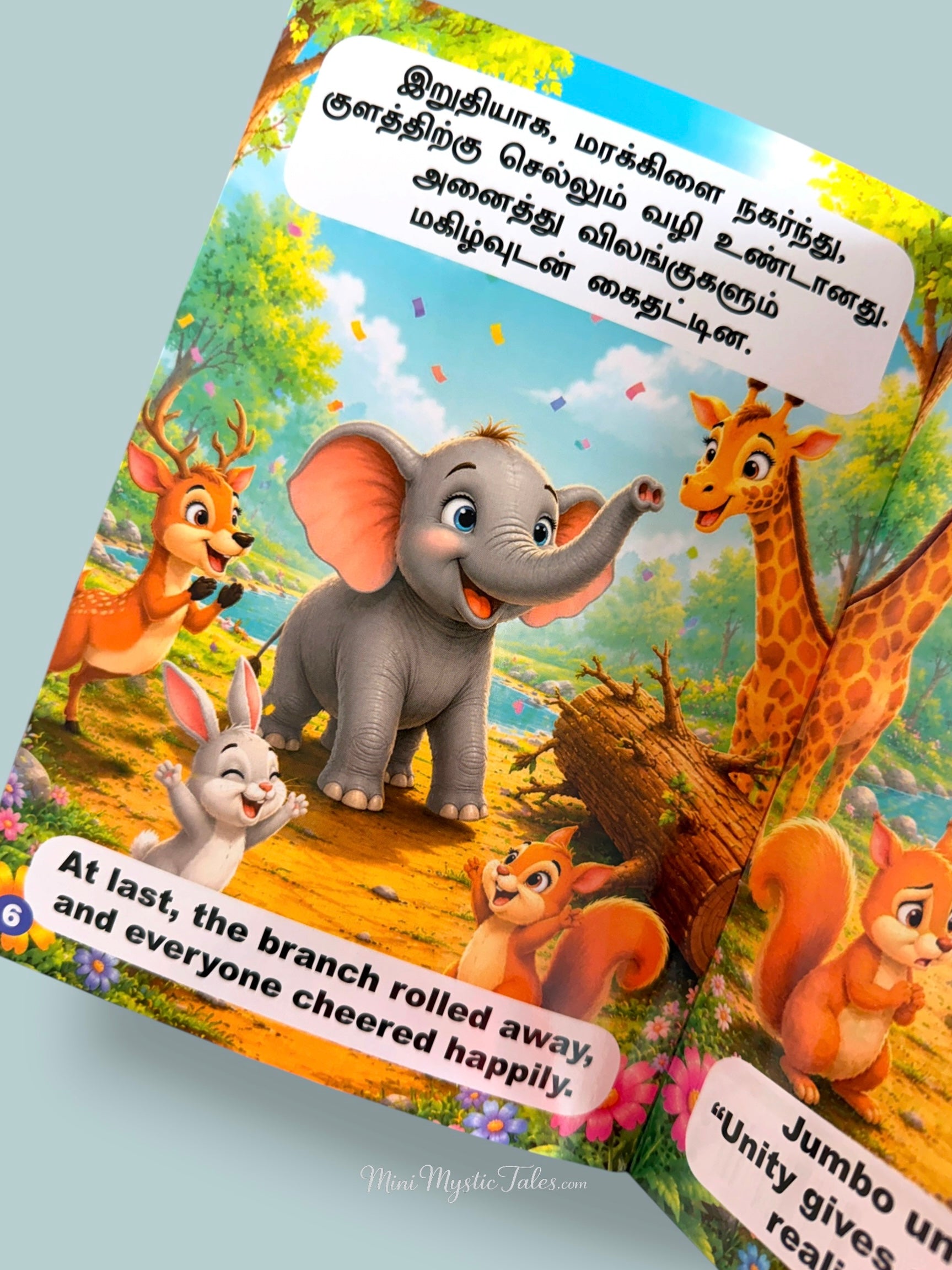 Happy forest animals celebrating after working together to clear a fallen tree branch