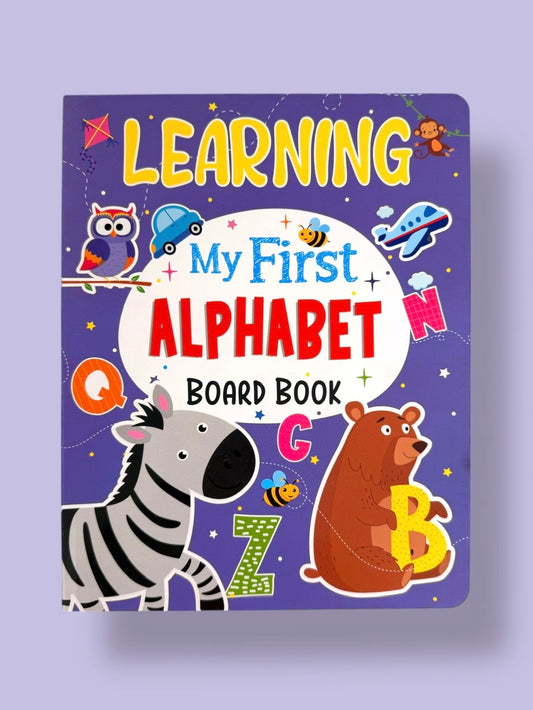 Learning My First Alphabet Board Book for toddlers featuring A to Z letters with colourful animals, objects and first words