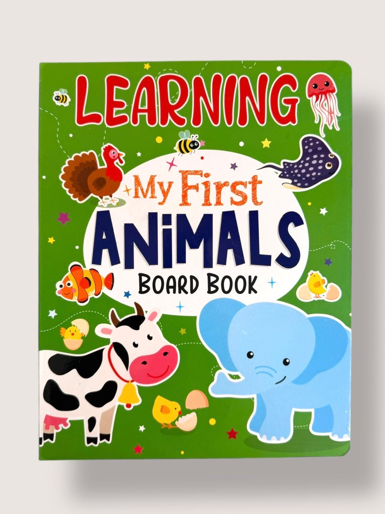 Learning My First Animals Board Book for toddlers featuring farm, jungle and ocean animals with colourful illustrations for early learning
