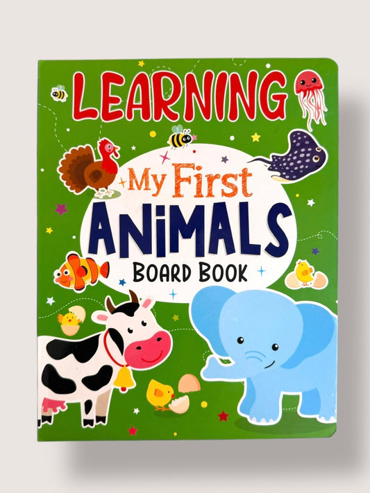 Learning My First Animals Board Book for toddlers featuring farm, jungle and ocean animals with colourful illustrations for early learning