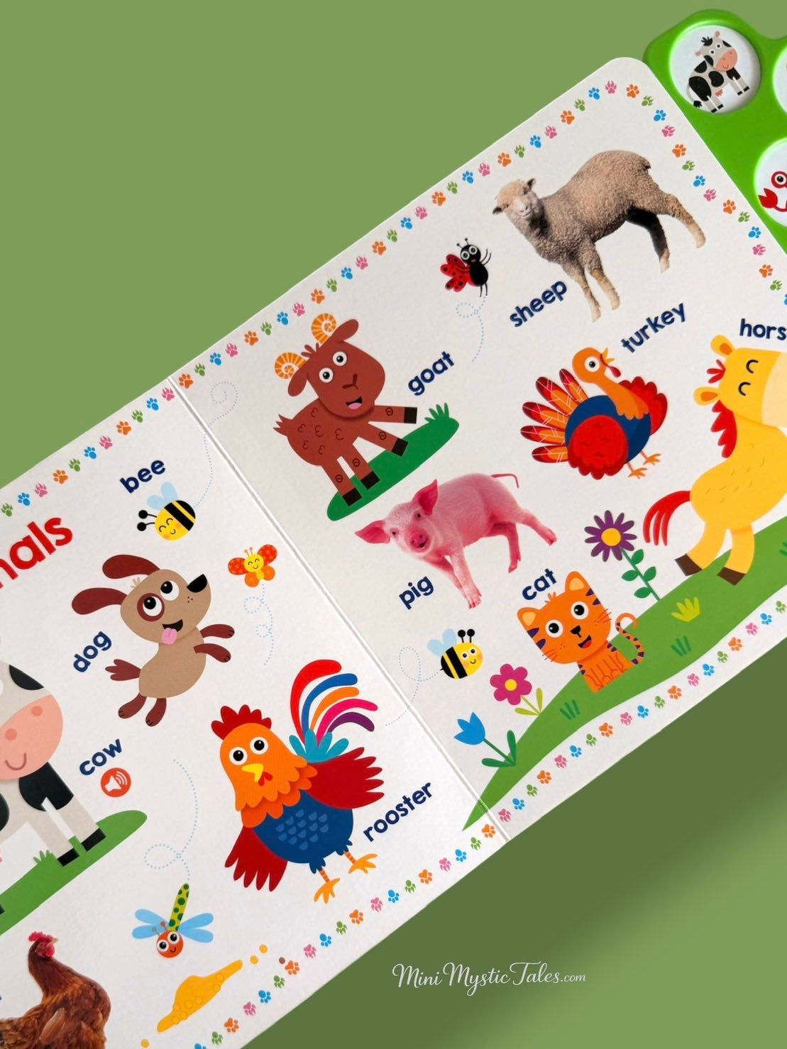 Inside pages of Let’s Get Talking! Animals sound book featuring farm animals including cow, dog, goat, sheep, pig, rooster, horse and cat.