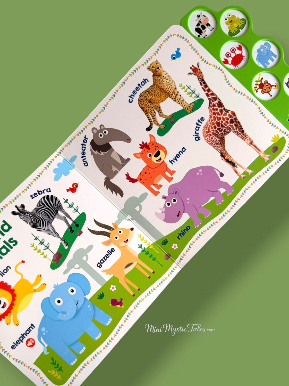 Interactive animal sound book featuring wild animals including elephant, zebra, cheetah, giraffe, rhino, hyena, gazelle and anteater.