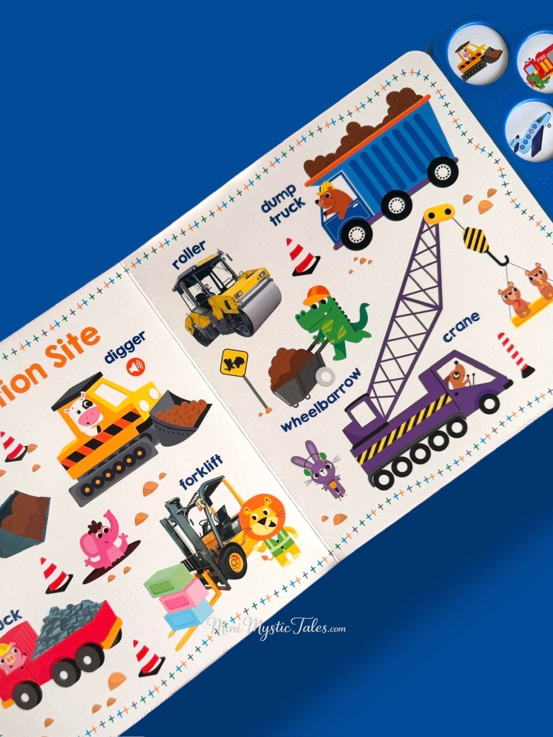 Inside pages of Let’s Get Talking! Vehicles sound book featuring construction vehicles including digger, dump truck, crane, roller and forklift.