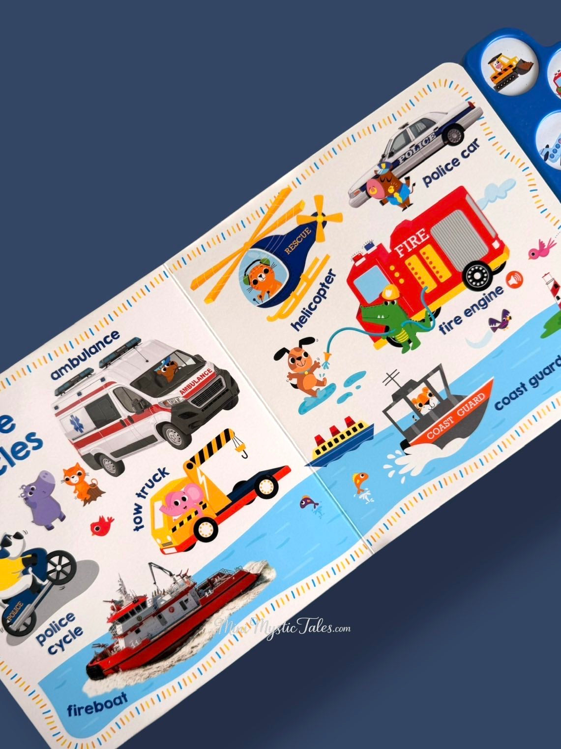 Interactive vehicle sound book for kids featuring ambulance, police car, fire engine, helicopter, coast guard and fireboat.